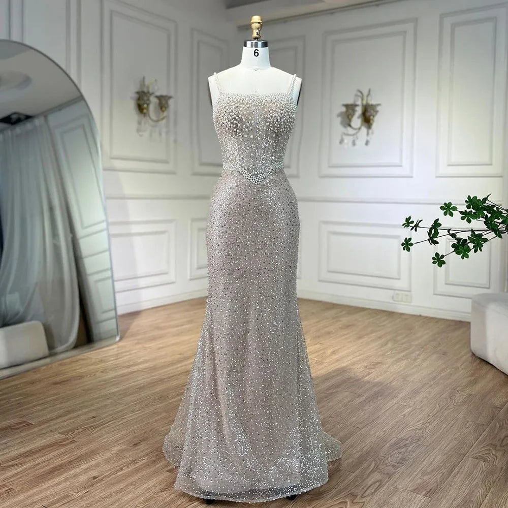Elegant Nude Mermaid Evening Gown with Pearl Beading - Luxurious Women's Wedding Dress for Bride, Prom, Gala & Special Occasions | LA72321