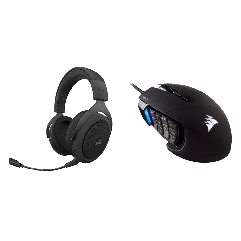 Corsair HS70 PRO Wireless Gaming Headset with 50mm Drivers & Corsair Scimitar RGB Optical Gaming Mouse - Carbon & Black - Perfect for PC Gaming, Streaming & Esports