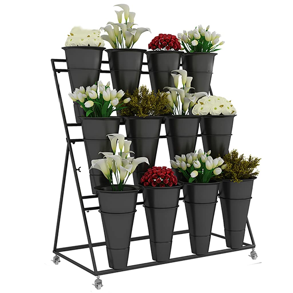 3-Tier Metal Flower Display Stand with 12 Plastic Buckets & 4 Universal Wheels - Black Rolling Florist Cart for Bouquet Arrangement | Perfect for Flower Shops, Wedding Decor & Event Displays