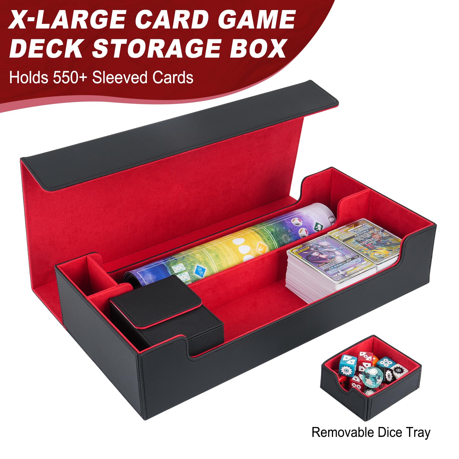 LEFOR·Z MTG Card Deck Box with Dice Tray - Large Capacity Holds Up to 550 Cards - Black & Red - Perfect for Magic: The Gathering, Yu-Gi-Oh, and Collectible Card Game Storage & Organization