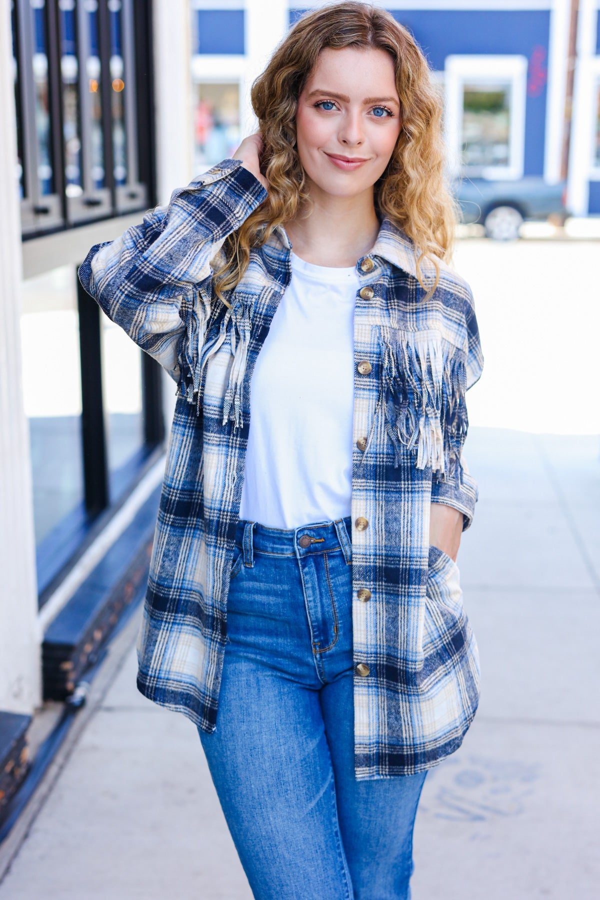 Boldly You Navy Plaid Fringe Button Down Shacket - Stylish Overshirt for Women | Fall & Winter Layering Essential | Perfect for Casual Outings, Workwear & Outdoor Adventures
