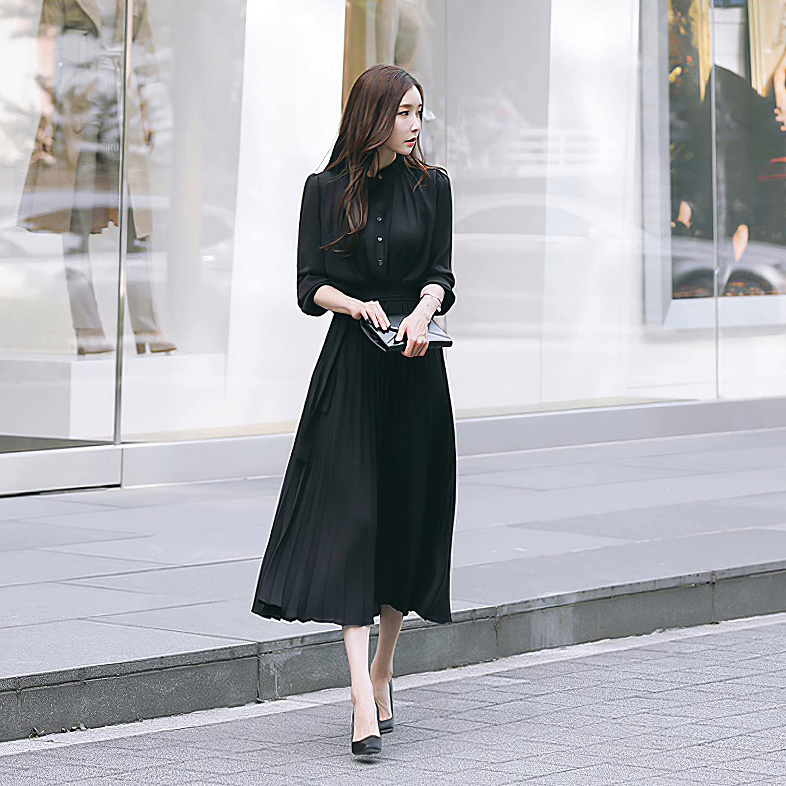 Women's Pleated Long Sleeve Loose Maxi Dress with Tie Waist - Casual Flowy Dress for Spring Summer, Beach, Vacation & Everyday Wear
