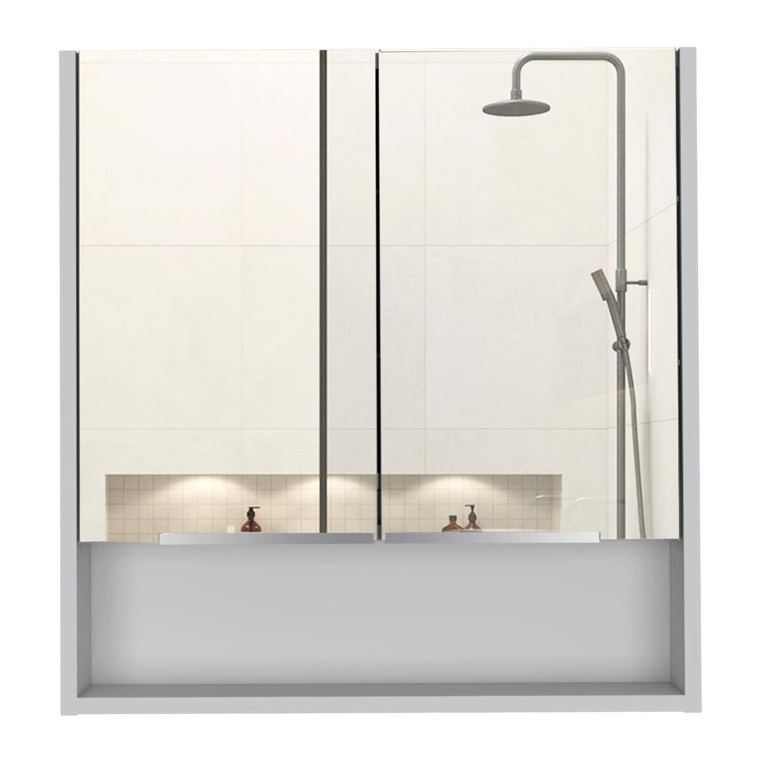 Tuhome Jaspe Mirror Medicine Cabinet with 3 Adjustable Shelves & Open Storage - White Double Door Bathroom Vanity for Makeup & Organizing