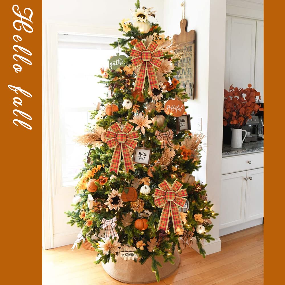 2 Pack Fall Wreath Bows - Red Orange Buffalo Plaid Thanksgiving Bows with Burlap Trim for Autumn Door Decor, Holiday Home Decorations | Perfect for Front Door, Mantel & Thanksgiving Table Centerpieces