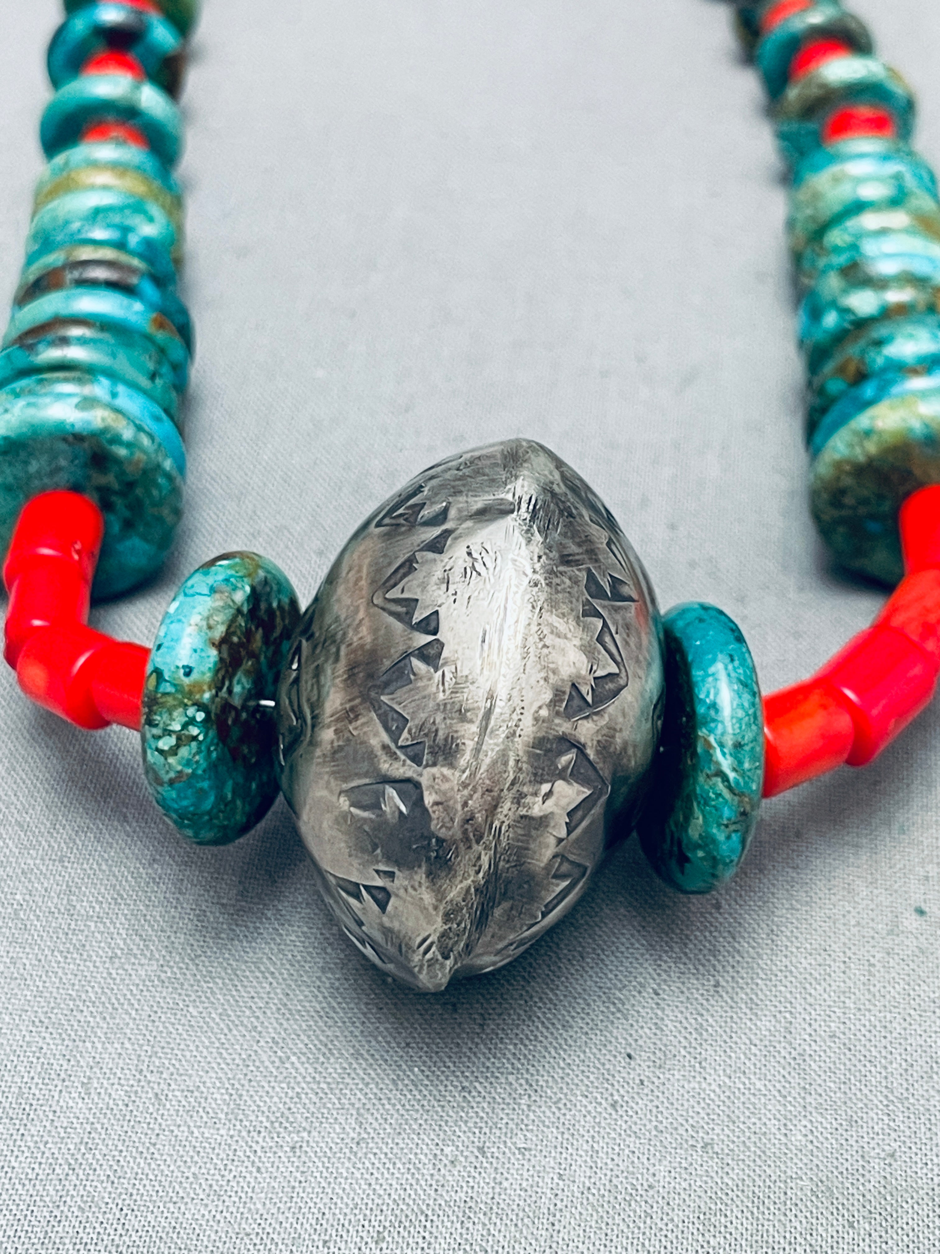 106g Sterling Silver Navajo Turquoise Coral Necklace – Handmade Native American Jewelry for Women, Boho Chic Accessory – Perfect for Festivals, Weddings & Boho Fashion