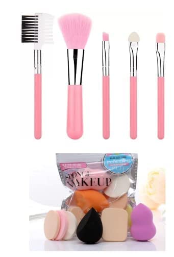6-in-1 Makeup Sponge & 5-Piece Pink Brush Set - Professional Beauty Blender for Flawless Foundation, Contouring & Blending (11-Piece Kit) | Perfect for Everyday Makeup, Travel & Professional Makeup Artists