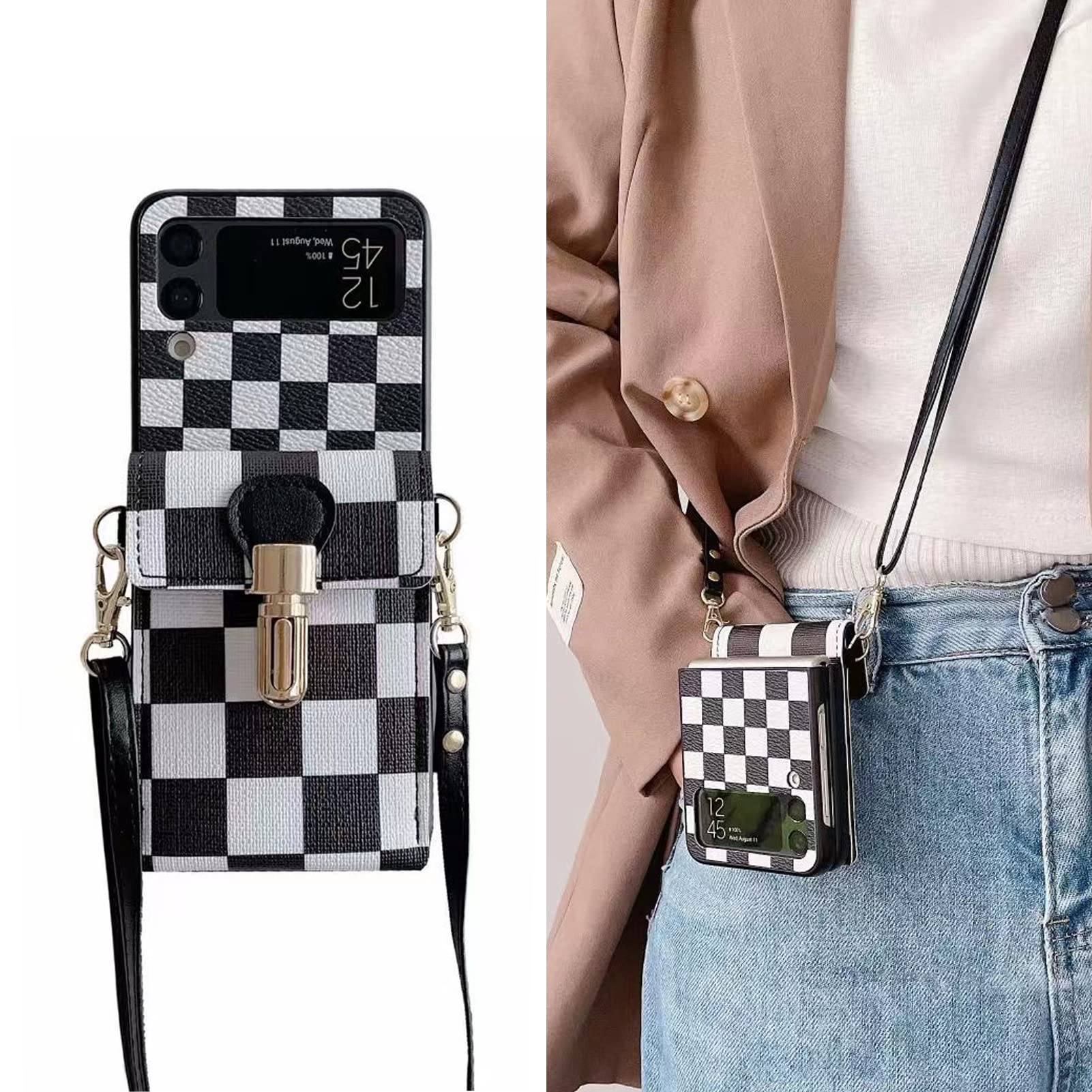 Yatchen Luxury Checkerboard Wallet Case for Samsung Galaxy Z Flip 3 5G (2021) - Leather Phone Cover with Card Slots & Adjustable Lanyard, Shockproof Flip Protector for Women & Girls | Perfect for Everyday Use, Travel, and Business Meetings
