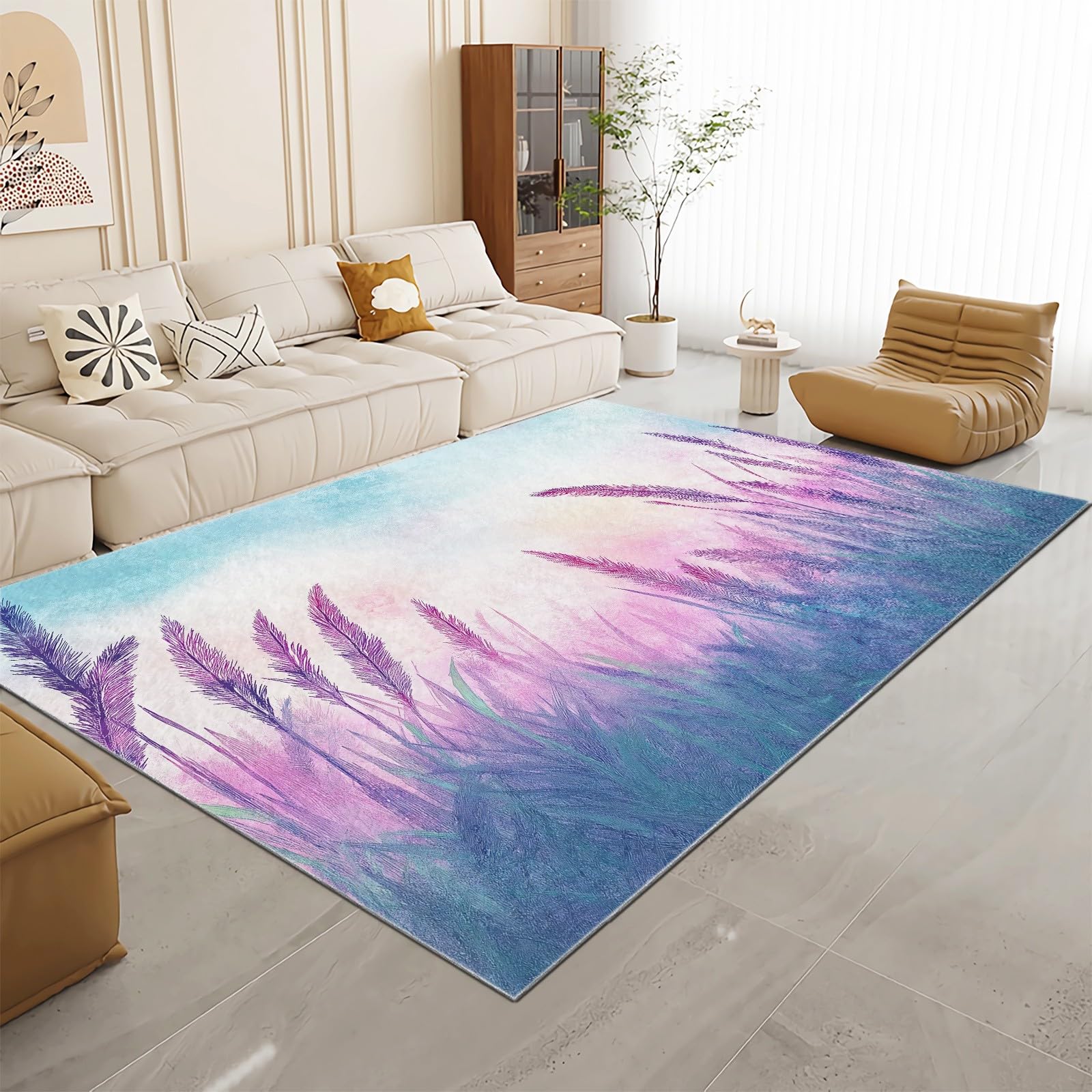 Spring Themed Purple & Blue Faux Wool Area Rug - Non-Slip, Machine Washable 7x8 Ft Soft Rug for Kids Bedroom, Living Room, Dining Room, Nursery & Home Office Decor - Perfect for Cozy Family Gatherings and Playtime
