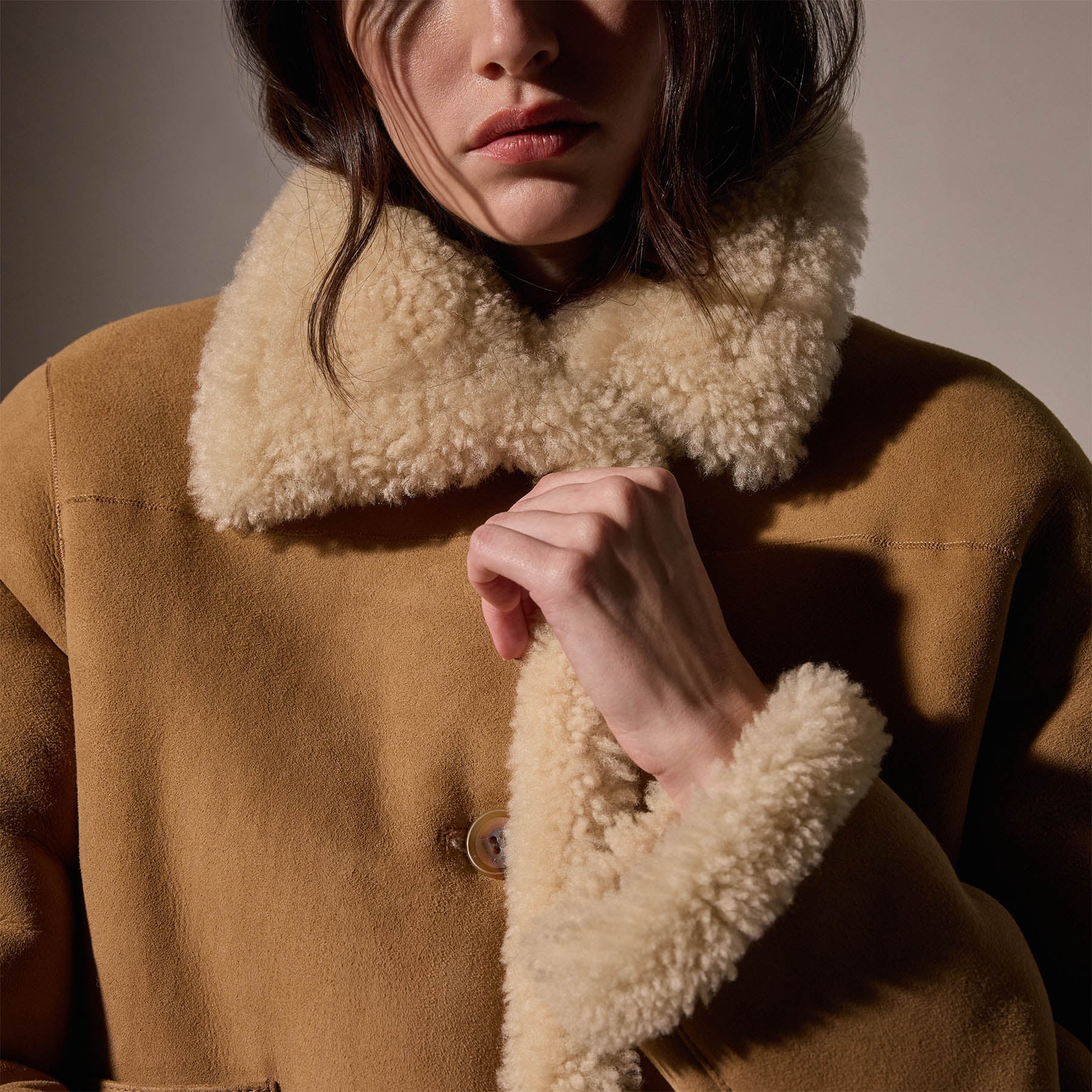 Cropped Shearling Jacket in Caramel - Women's Winter Fashion Outerwear for Casual & Street Style Outfits
