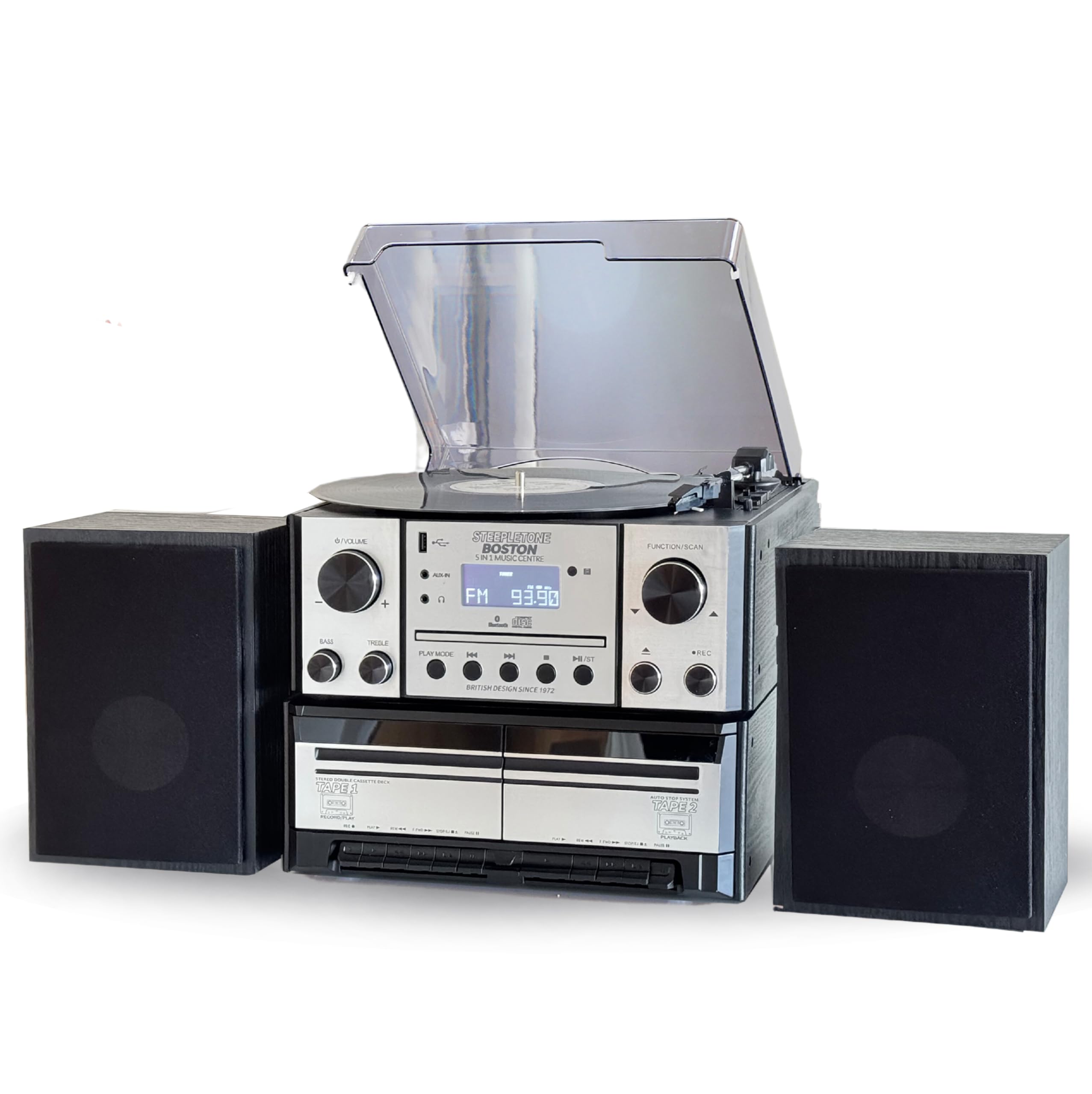 Steepletone BOSTON 5-in-1 Bluetooth Vinyl Record Player with CD, Cassette, FM Radio, USB MP3 Playback & Encoding - Wireless Turntable with Remote Control & Stereo Speakers for Home Entertainment, Music Lovers & Vintage Audio Enthusiasts