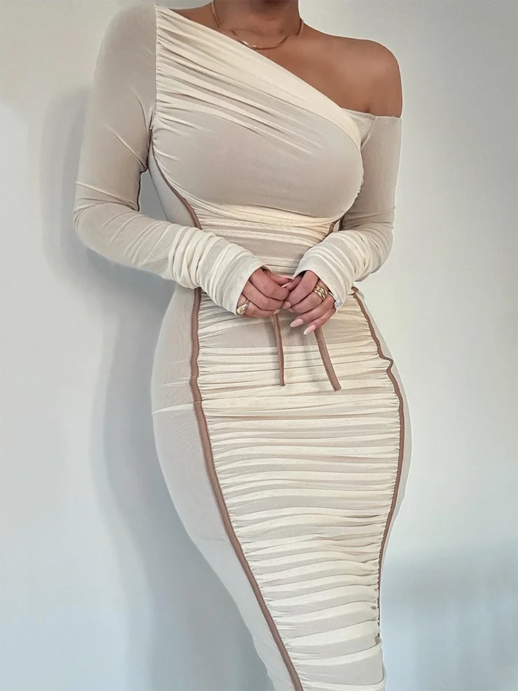 Sexy Backless Long Sleeve Midi Dress for Women - Ruched Bodycon Club Party Dress with Mesh Layering | Perfect for Night Out, Date Night & Special Occasions
