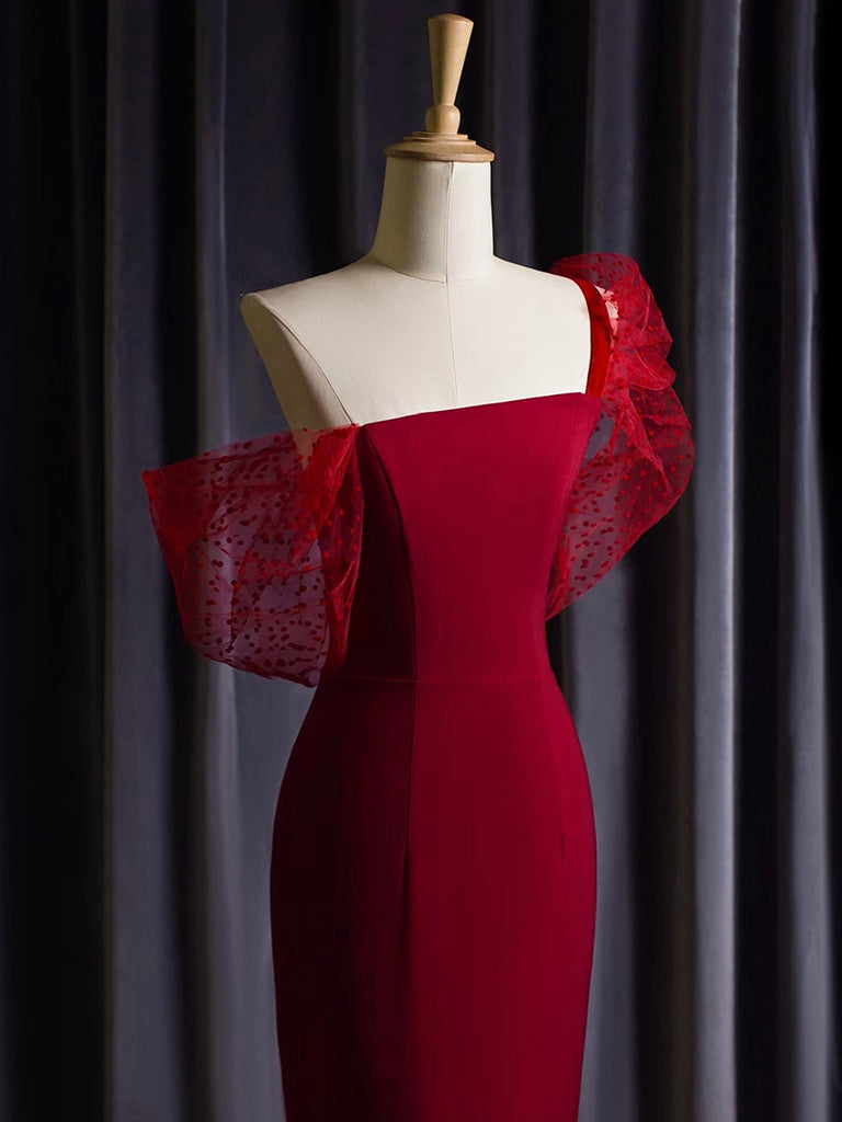 Elegant Burgundy Mermaid One Shoulder Satin Tulle Long Prom Dress - Formal Evening Gown for Homecoming, Wedding, and Special Occasions