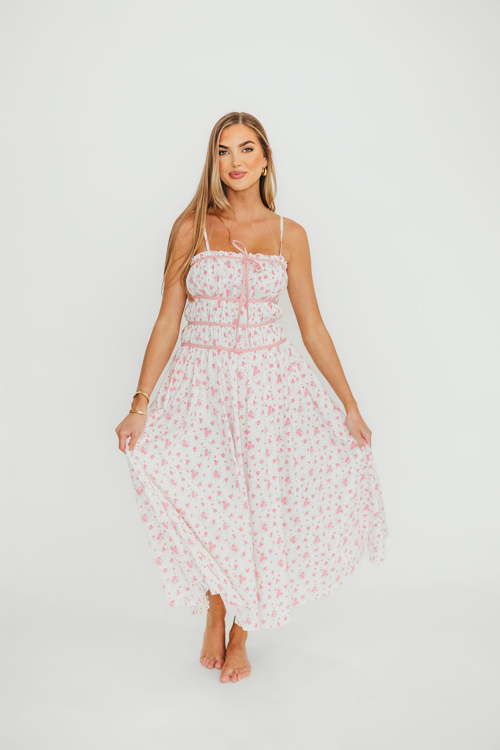 Vanessa Floral Print Midi Dress for Women - Elegant Pink Summer Dress for Casual Wear, Parties & Date Nights