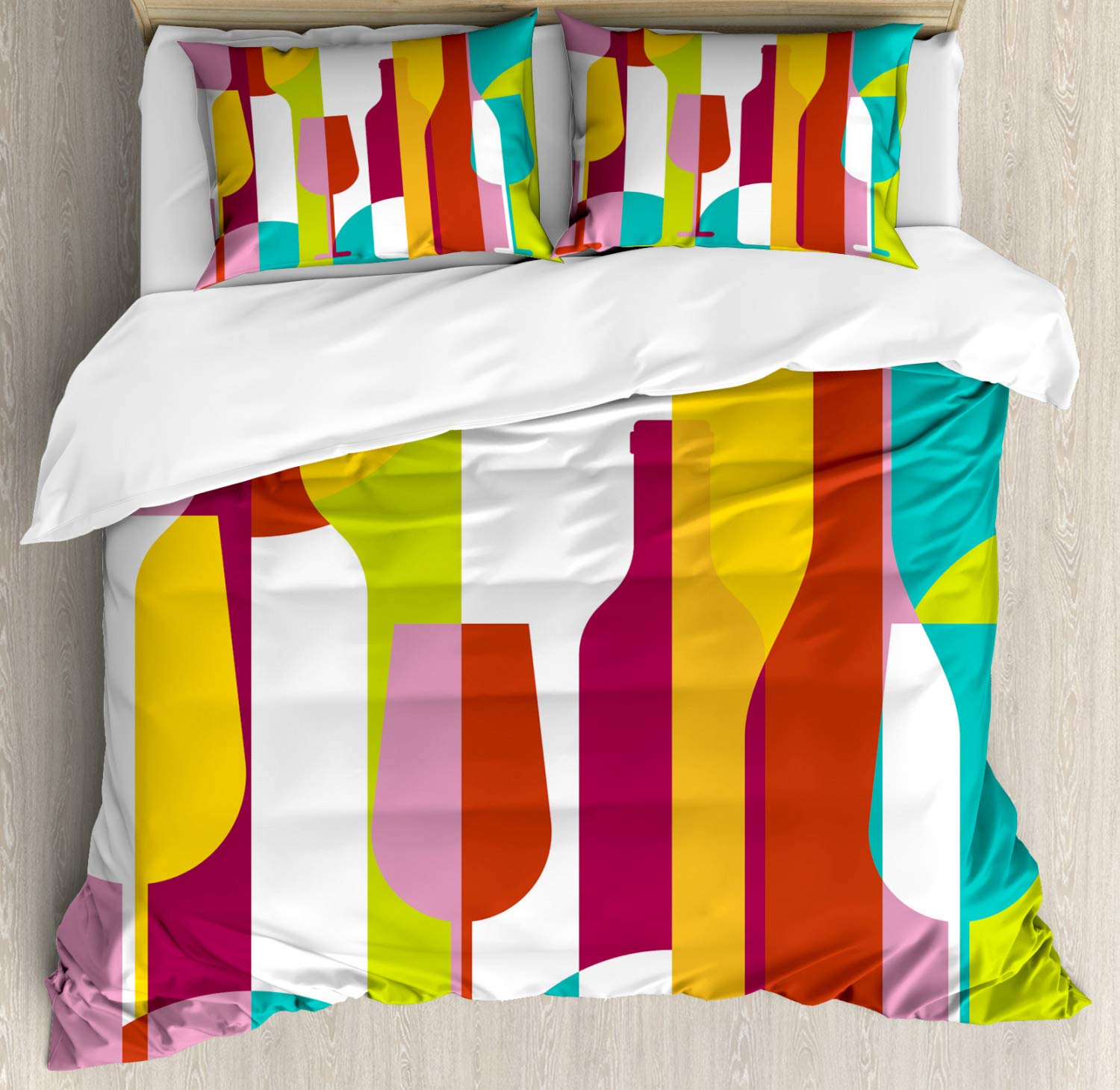 Ambesonne Wine Duvet Cover Set - Colorful Abstract Wine Bottle Design, Modern Geometric Bedding | 3-Piece California King Set with 2 Pillow Shams | Perfect for Wine Lovers' Bedrooms, Bachelorette Parties & Vineyard-Themed Decor