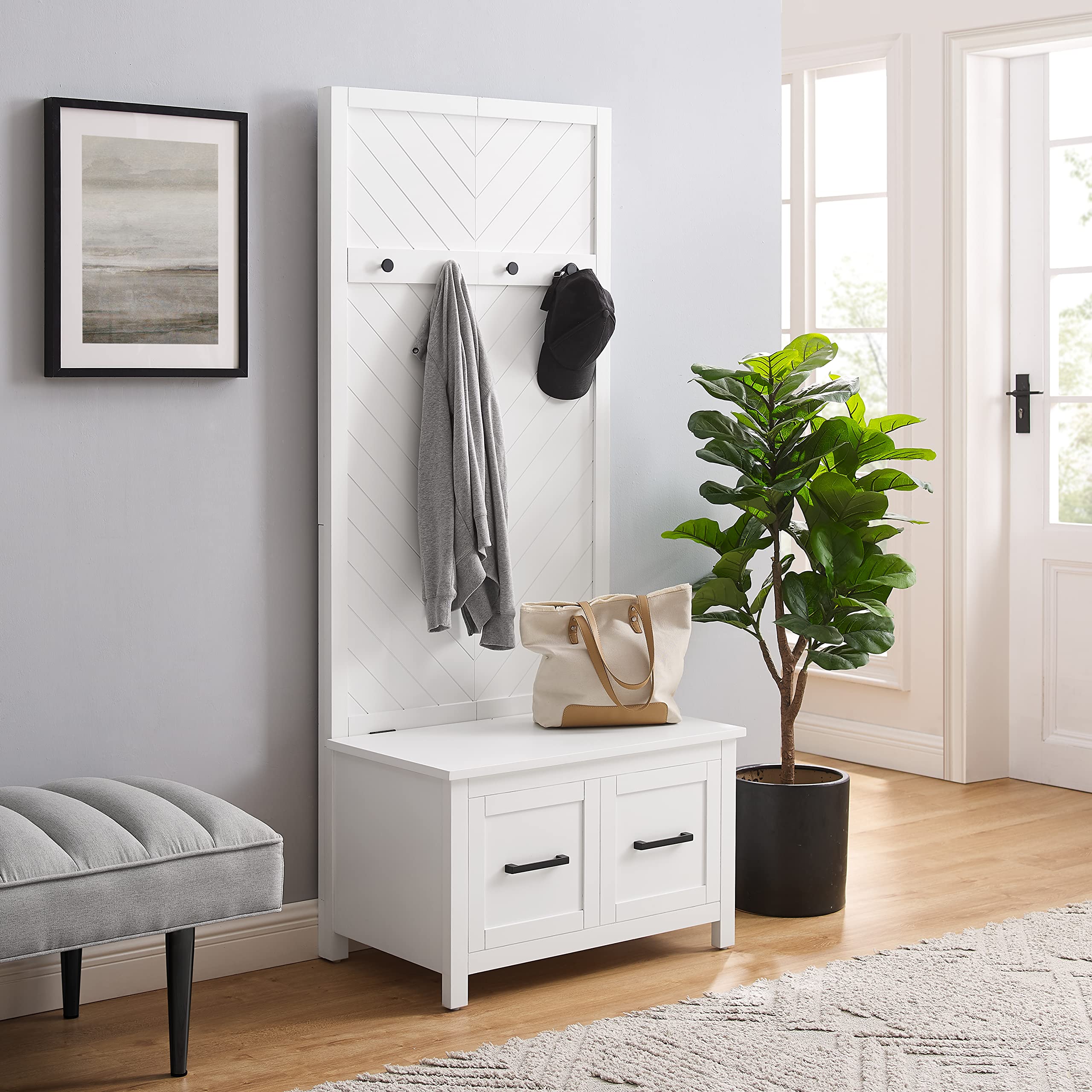Crosley Kayce Hall Tree with Storage Bench & Coat Rack - White Entryway Organizer for Coats, Shoes & Accessories | Perfect for Mudrooms, Foyers & Small Spaces