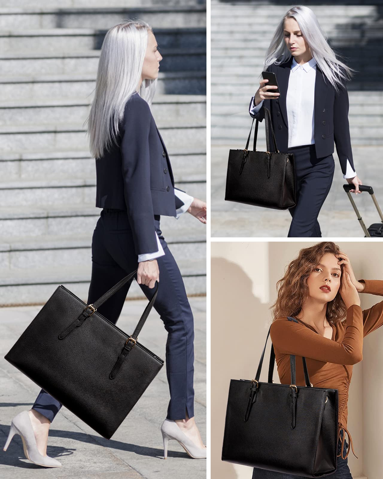 LOVEVOOK 15.6 Inch Laptop Tote Bag for Women - Waterproof PU Leather Business Shoulder Bag with USB Charging Port, Large Briefcase Handbag Purse 2Pcs Set (Black) - Perfect for Office Work, Commuting & Travel