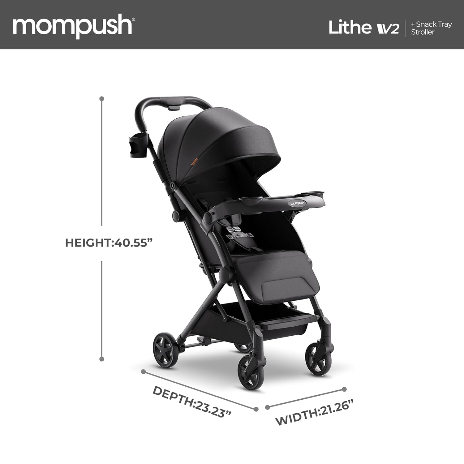 Mompush Lithe V2 Ultra Lightweight Compact Travel Stroller with Snack Tray, One-Hand Fold & Airplane Approved - Includes Cup Holder, Rain Cover & Travel Bag - Perfect for Air Travel, Shopping & Daily Outings
