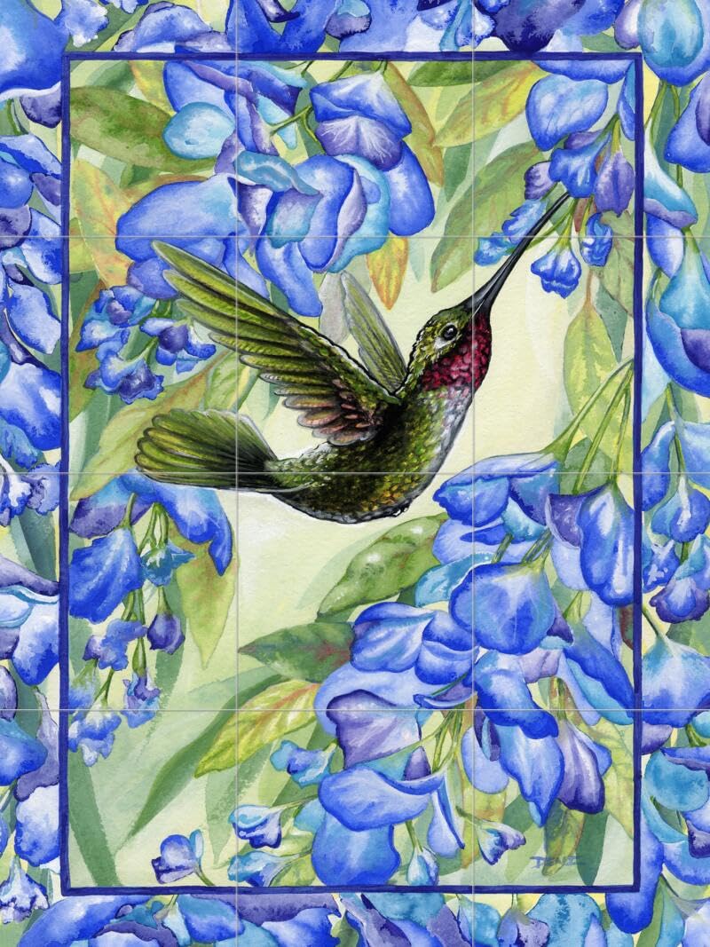 Hand-Painted Ceramic Backsplash Tile Mural - Hummingbird Design for Kitchen & Bathroom - Ruby's Delight by Denise Freeman - Perfect for Farmhouse, Cottage & Vintage Style Decor