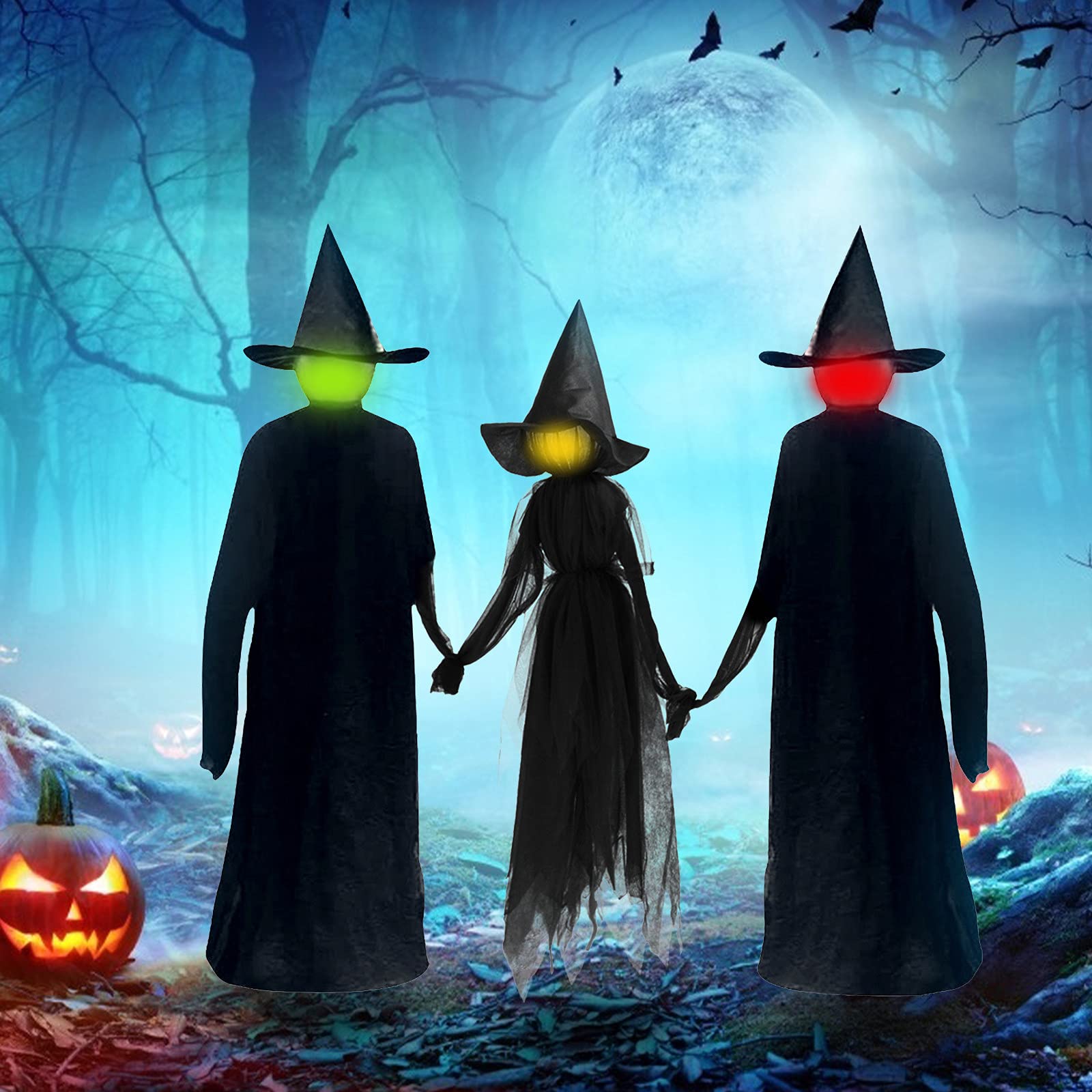 Halloween Witch Decorations Set of 3 - Light Up Voice Controlled Hanging Witches with Glowing Effect, Waterproof Outdoor Decor for Lawn, Haunted House, Party & Night Light (2 Men + 1 Woman) - Perfect for Halloween Yard Displays, Spooky Porch Decor & Trick-or-Treat Scenes