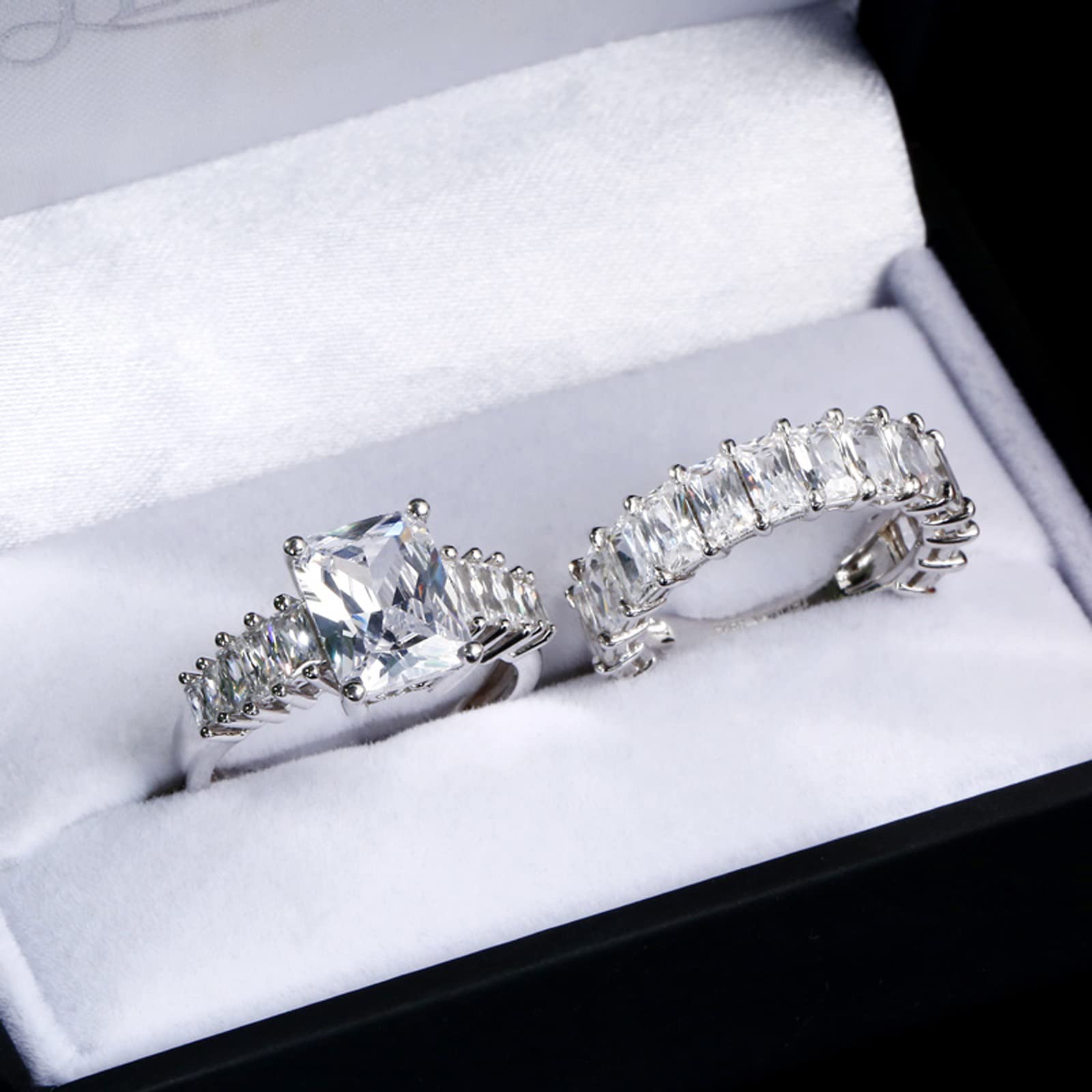 Jeulia 2PC Wedding Ring Set 3.85ct Radiant Cut Solitaire Engagement Ring for Women - 925 Sterling Silver Cubic Zirconia Diamond Eternity Band, Anniversary Promise Ring Bridal Set with Jewelry Box - Perfect for Proposals, Weddings & Romantic Gifts