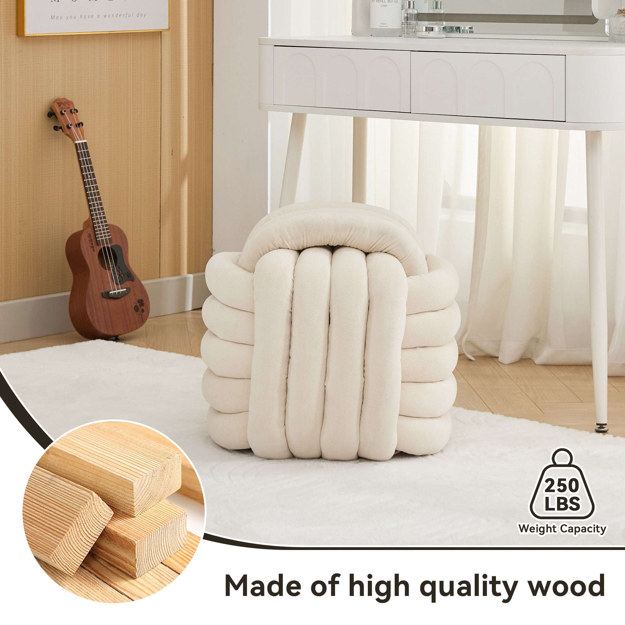 Modern Knot Design Chenille Fabric Ottoman Footstool - Comfortable & Stylish Makeup Stool for Living Room, Bedroom - Beige Home Decor Accent | Perfect for Lounging, Reading Nook & Vanity Seating