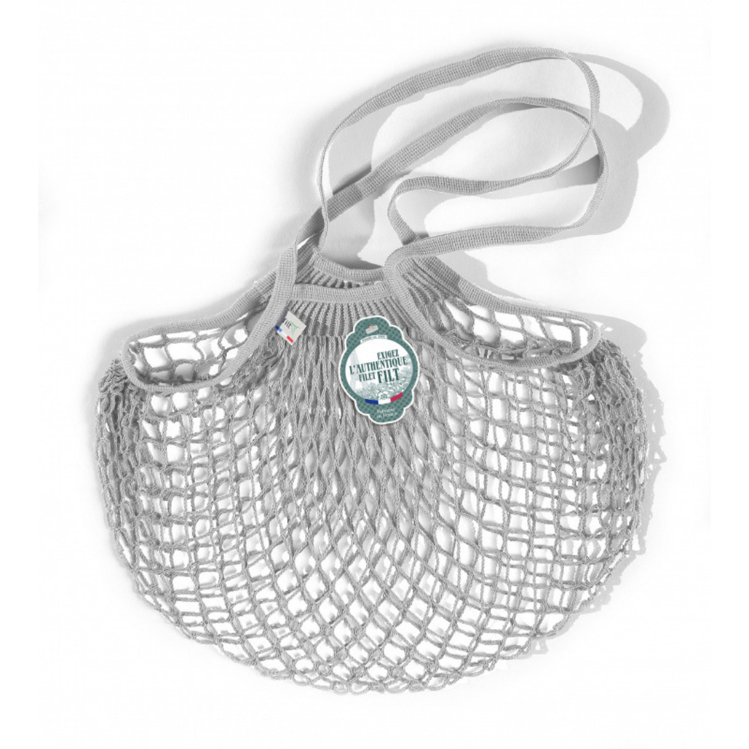 Eco-Friendly Light Grey Mesh Market Bag - Reusable Grocery Shopping Tote for Farmers Market & Beach Day