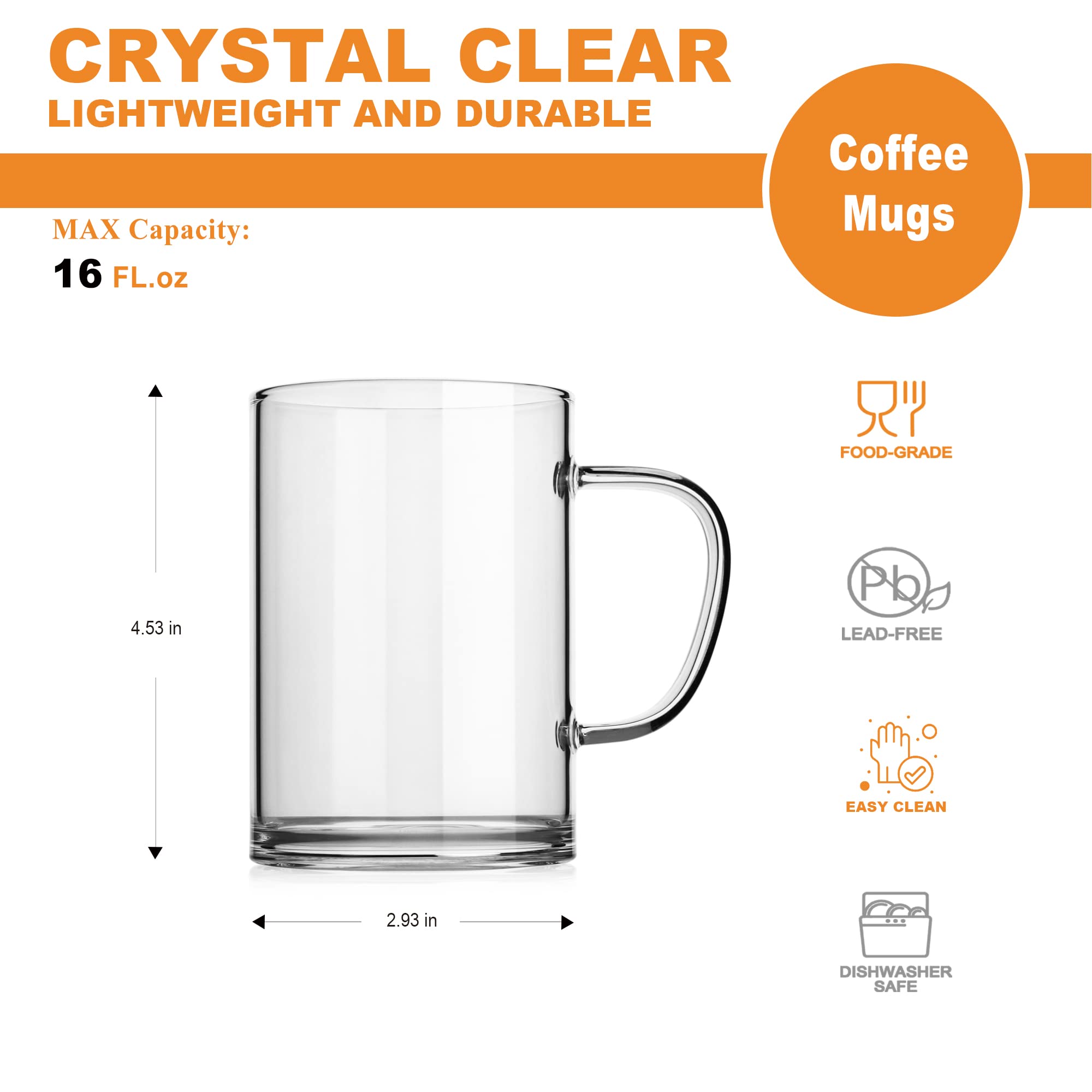 LUXU 16 oz Glass Coffee Mugs Set of 4 - Clear Drinking Glasses for Iced Coffee, Tea, Hot Beverages - Flat Bottomed Design - Perfect for Home, Office, Cafe & Restaurant Use