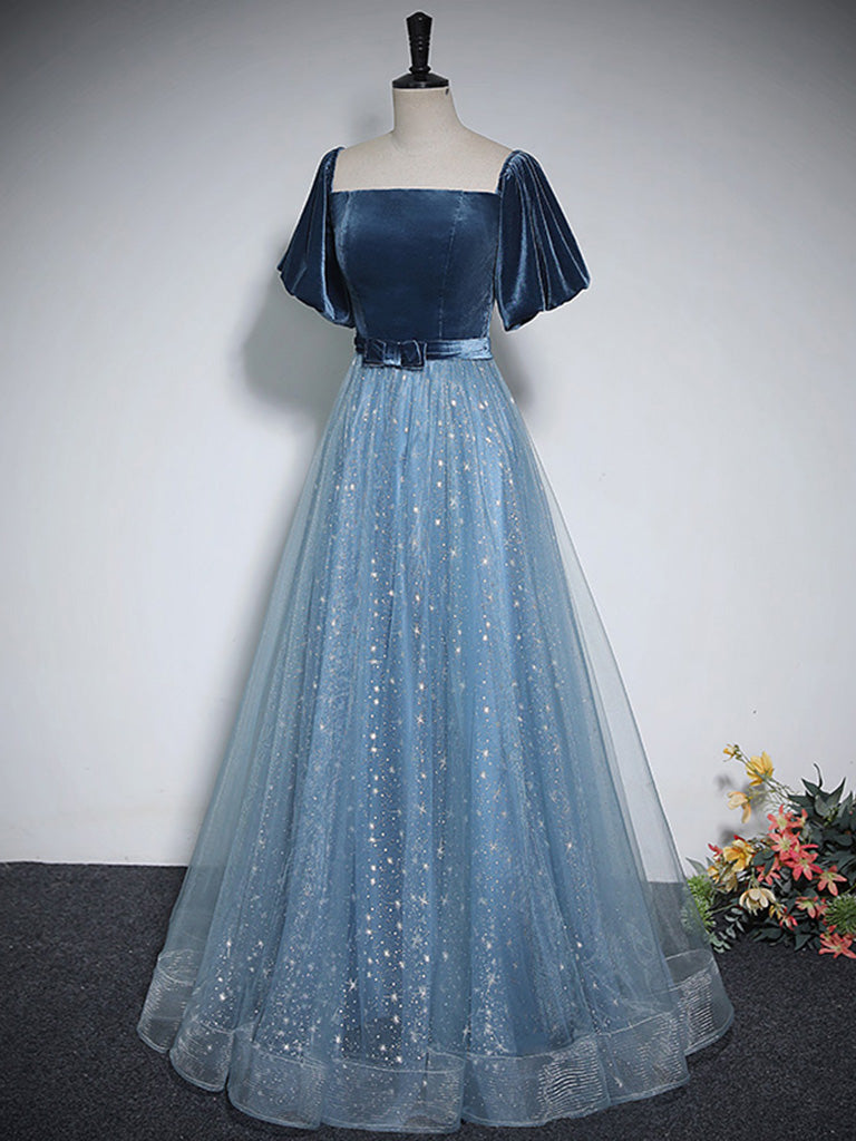 Elegant A-Line Tulle Velvet Blue Long Prom Dress for Women | Formal Evening Gown for Homecoming, Ball & Special Occasions