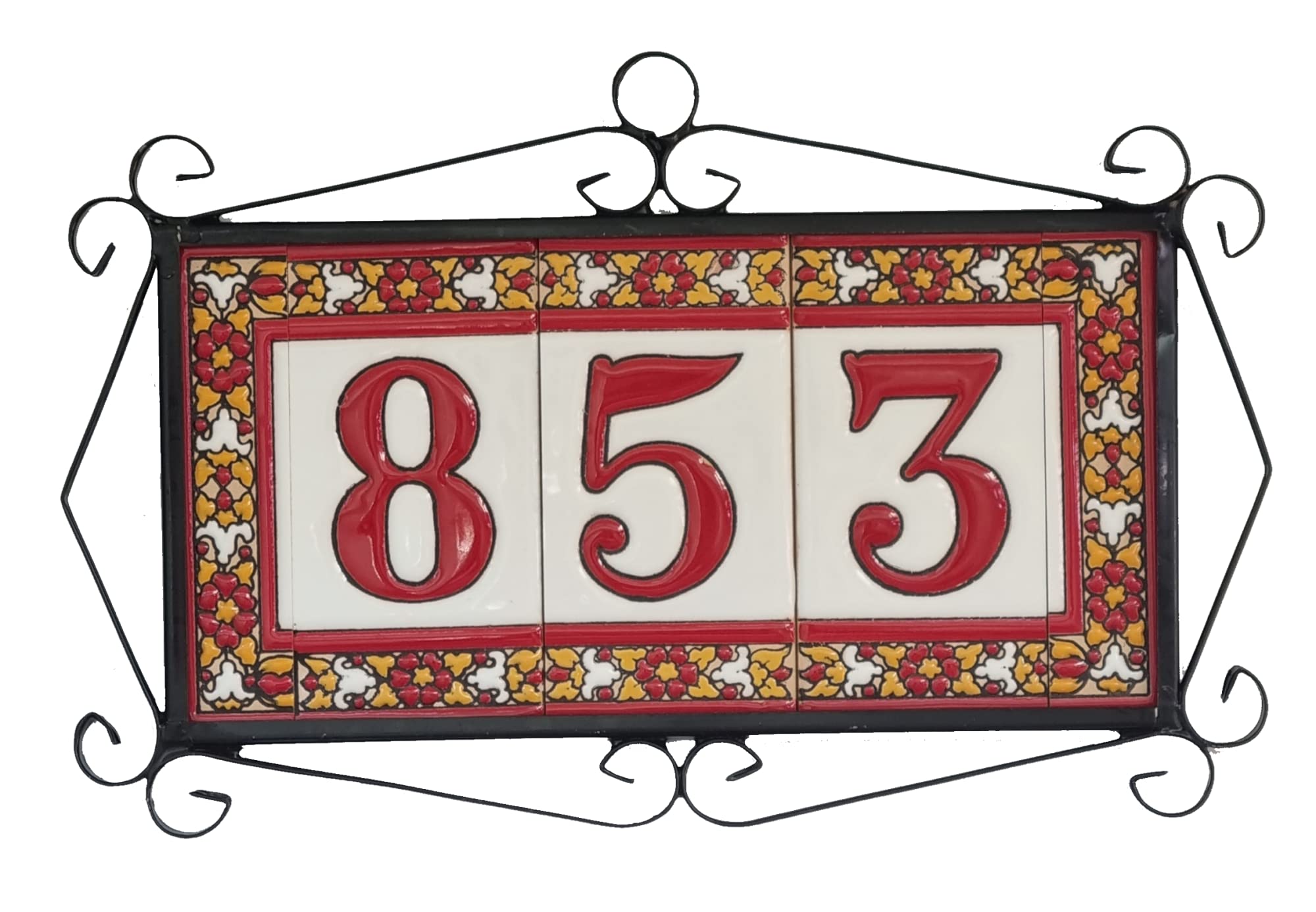 11 cm x 5.5 cm Spanish Red Floral Ceramic Number Tiles with Optional Metal Filigree Frames (8-Piece Set) - Perfect for House Address Signs, DIY Home Decor, and Wedding Table Numbers