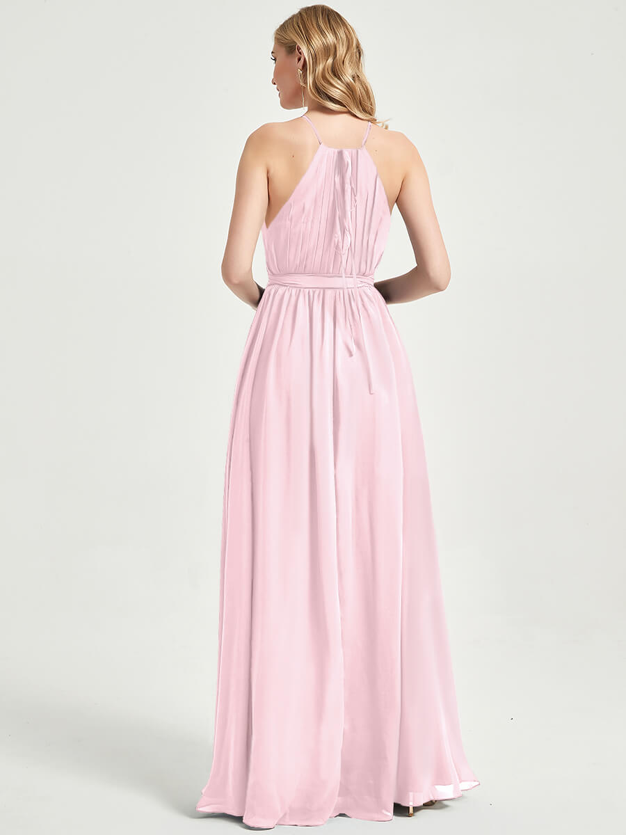 Elegant Blush Pink Halter Neck Wrap Chiffon Bridesmaid Dress with High Slit & Floor Length - Perfect for Weddings, Formal Events & Evening Parties