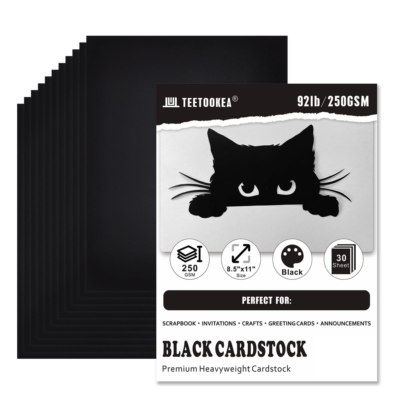 30 Sheets Black Cardstock Paper, 8.5 x 11 Inches, 92lb/250gsm Thick Cover Stock - Premium Heavyweight Cardstock for Printing, Invitations, Scrapbooking, DIY Crafts, Home Decor, Drawing & Art Projects - Perfect for Wedding Invites, Greeting Cards, School Projects and Professional Presentations