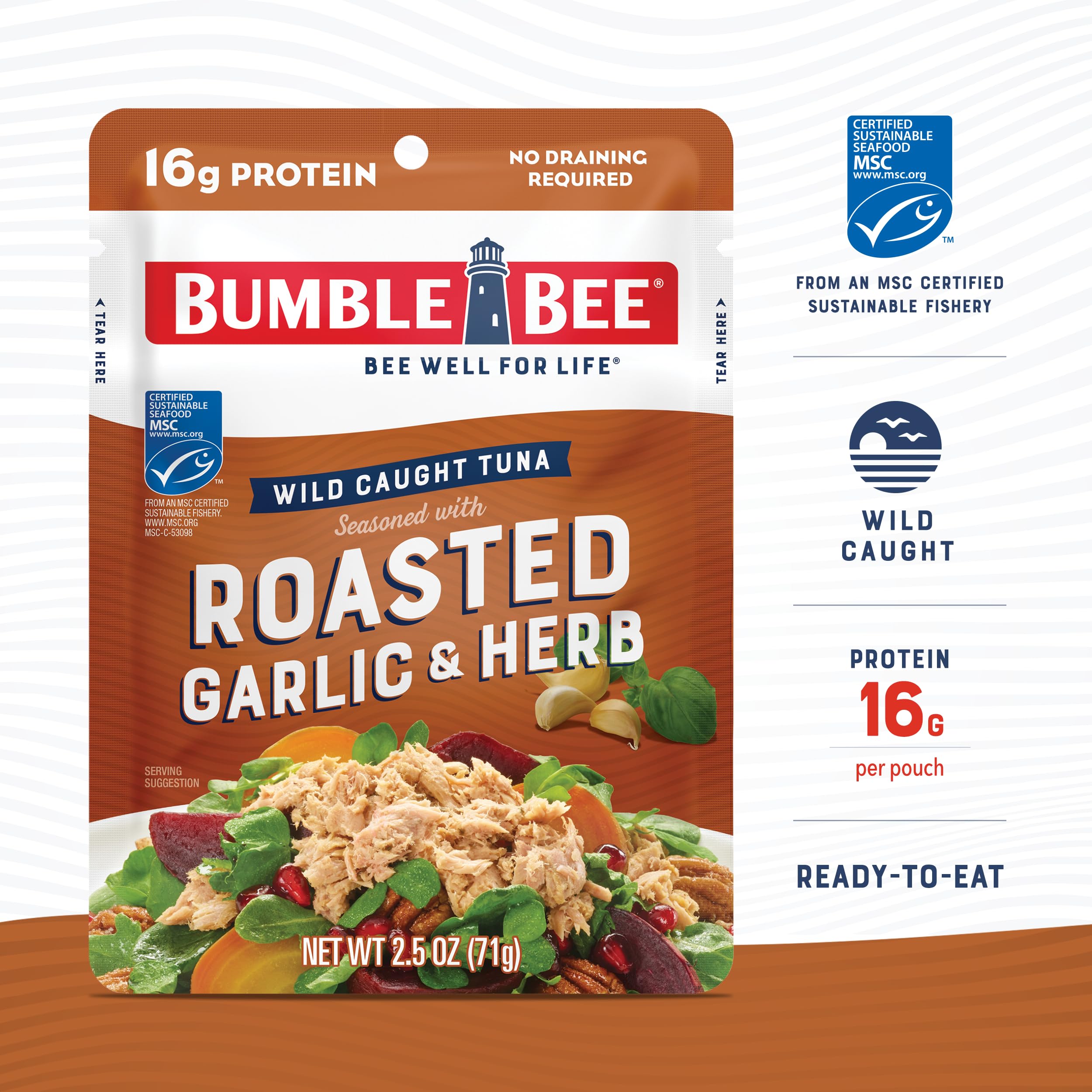 Bumble Bee Roasted Garlic & Herb Seasoned Tuna, 2.5 oz Pouches (Pack of 12) - Wild Caught, Ready to Eat Tuna Snack - High Protein (16g per Serving), Gluten Free, Keto & Paleo Friendly - Perfect for Lunch Boxes, Camping & On-the-Go Meals