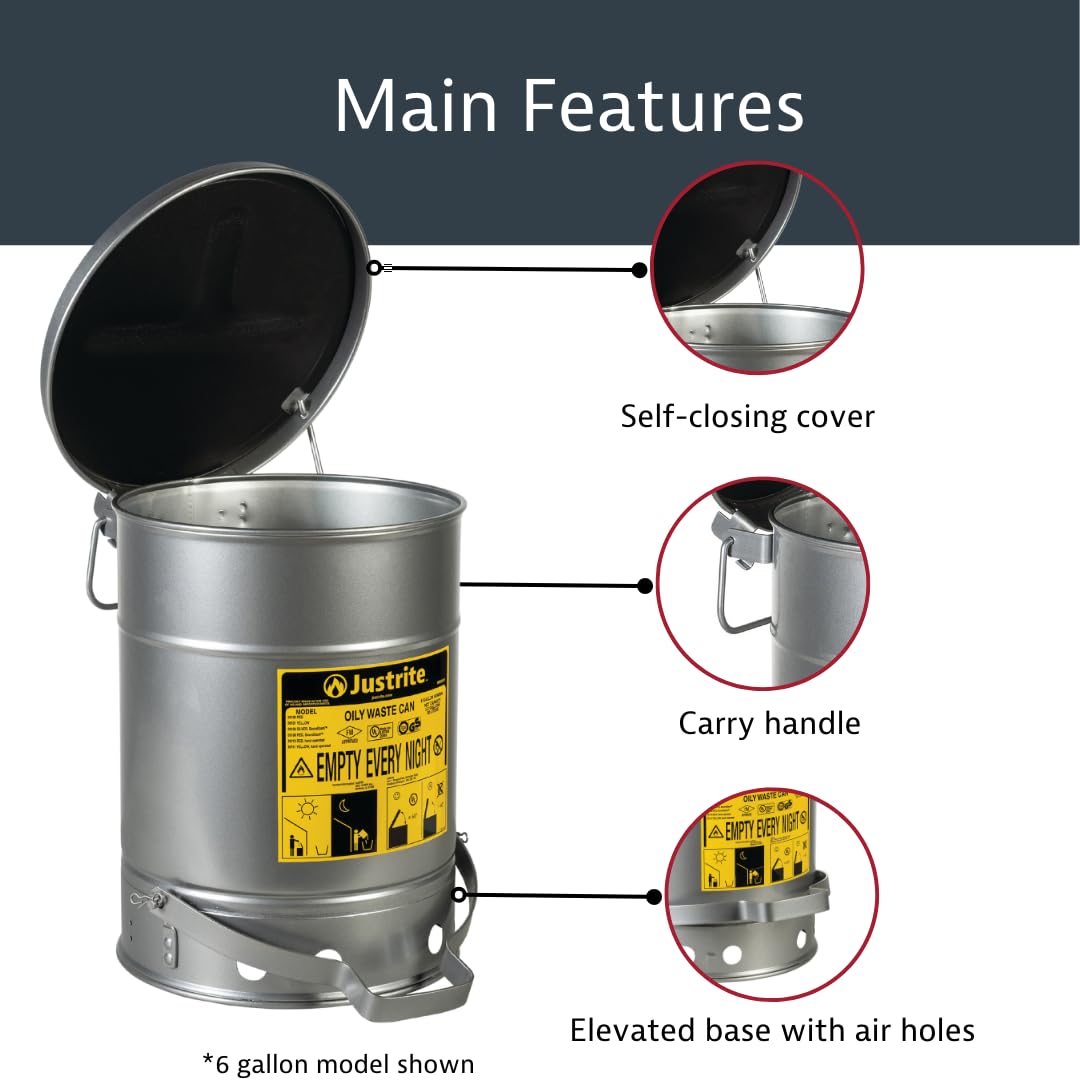 Justrite 21 Gallon Galvanized Steel Oily Waste Can with Foot Pedal Lid - 23.5
