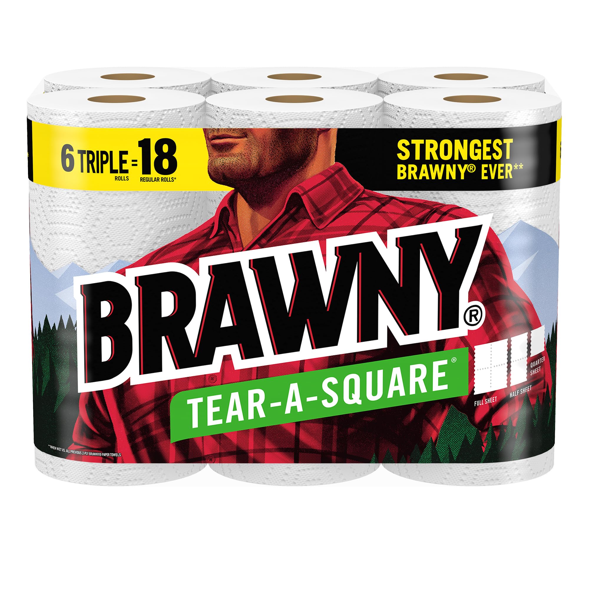 Brawny Tear-A-Square Paper Towels - 6 Triple Rolls (18 Regular Rolls) | Ultra-Absorbent, Strong & Durable | Perfect for Kitchen Cleaning, Spills & Household Messes
