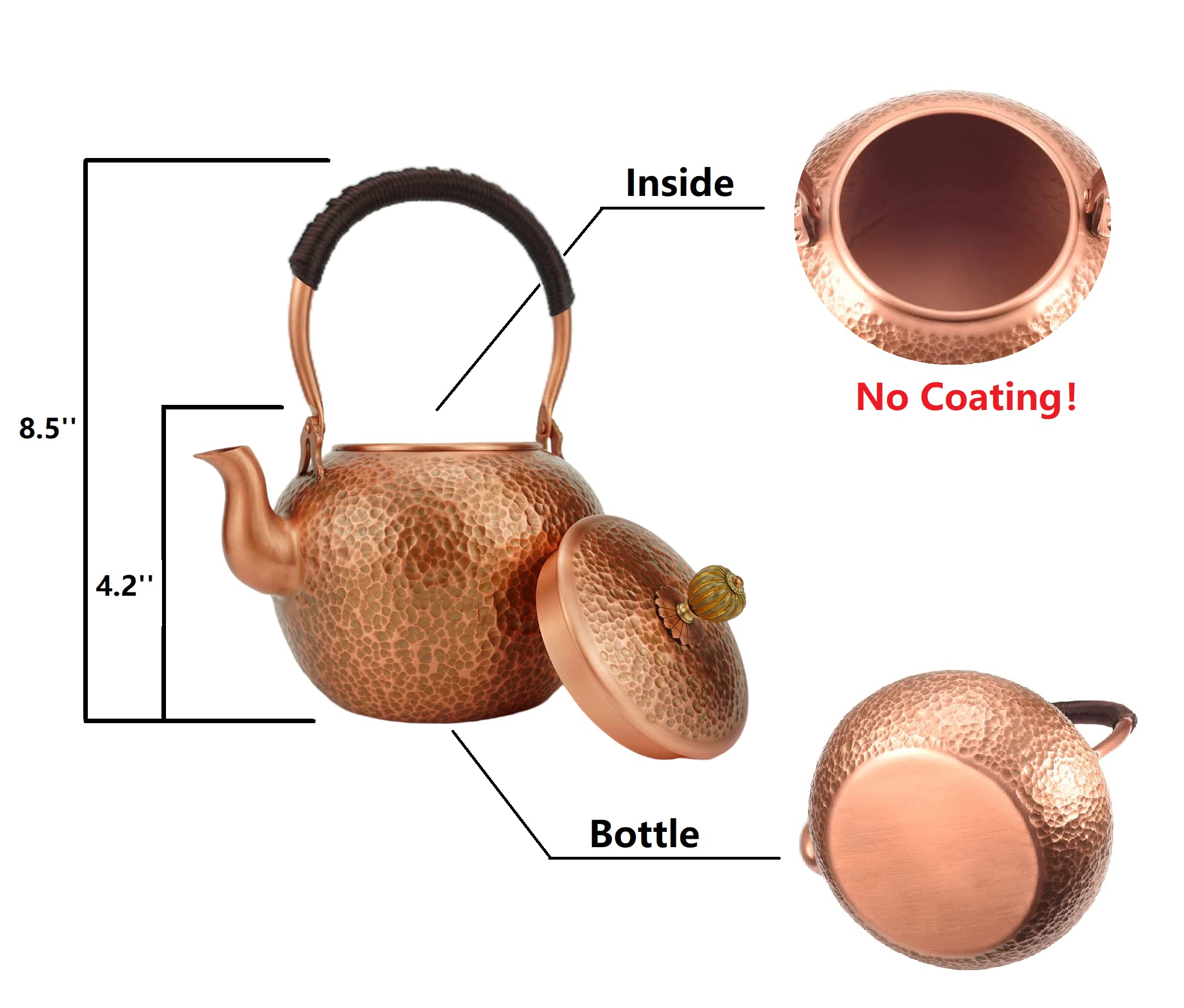 Handmade Solid Copper Tea Kettle - 1400ml Hammered Stovetop Teapot for Gas & Induction - Pure Copper Teapot with Ergonomic Handle & Spout - Perfect for Loose Leaf Tea, Herbal Infusions & Home Brewing - Ideal Gift for Tea Lovers & Kitchen Decor