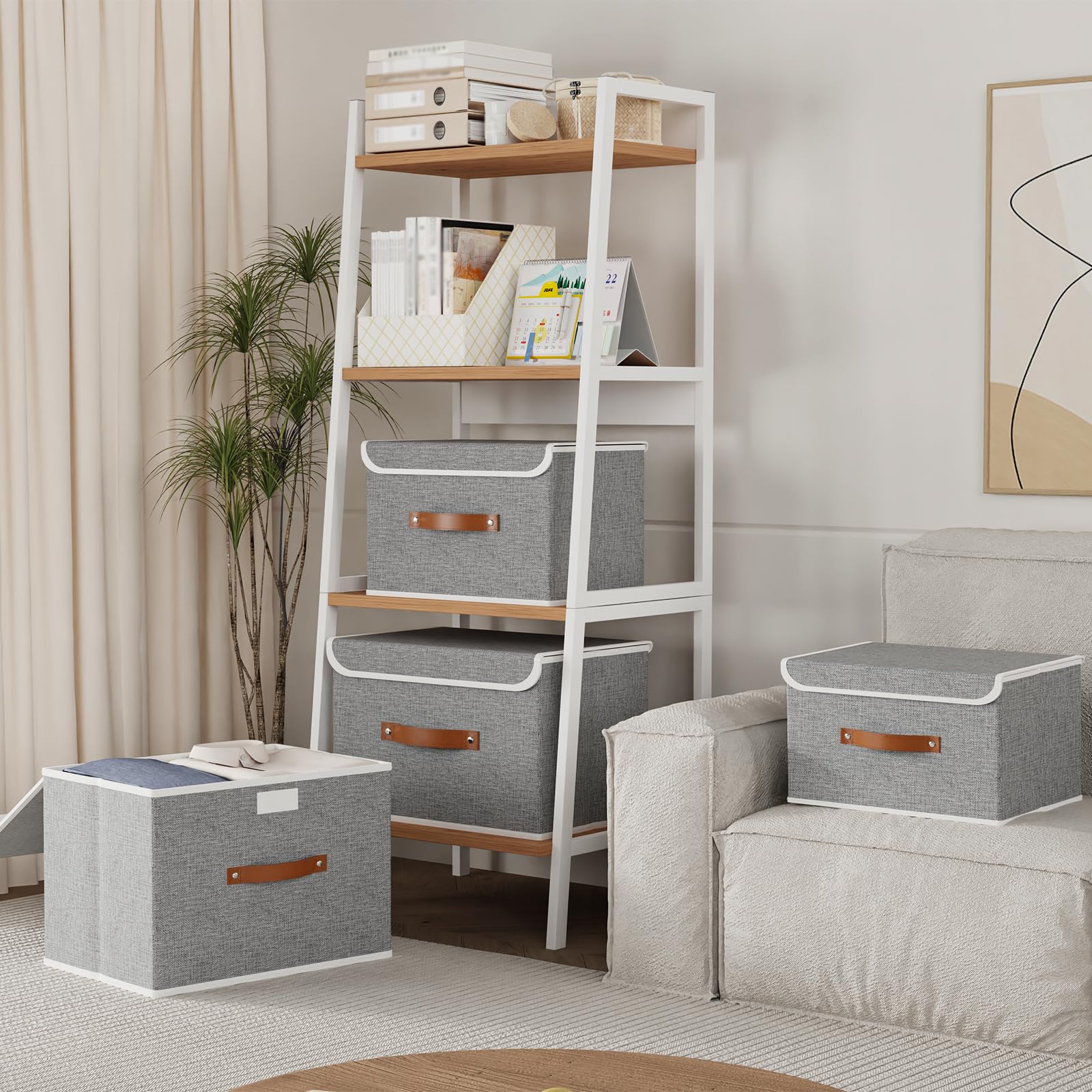 Yawinhe 3-Pack Collapsible Storage Bins with Lids - Foldable Fabric Cube Organizer Baskets with Leather Handles, Washable Grey Closet & Home Storage Boxes (15