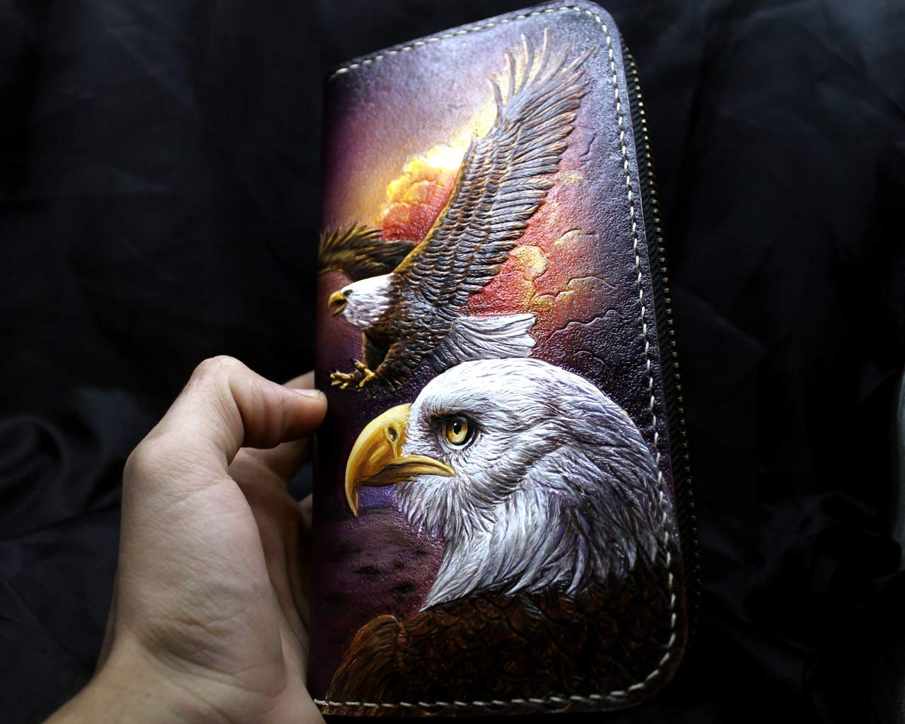 Handcrafted 3D Genuine Leather Men's Wallet - Long Biker Wallet with Eagle Design, Hand-Carved & Hand-Painted Custom Personalized Leather Wallet for Men - Perfect for Motorcycle Enthusiasts & Everyday Use