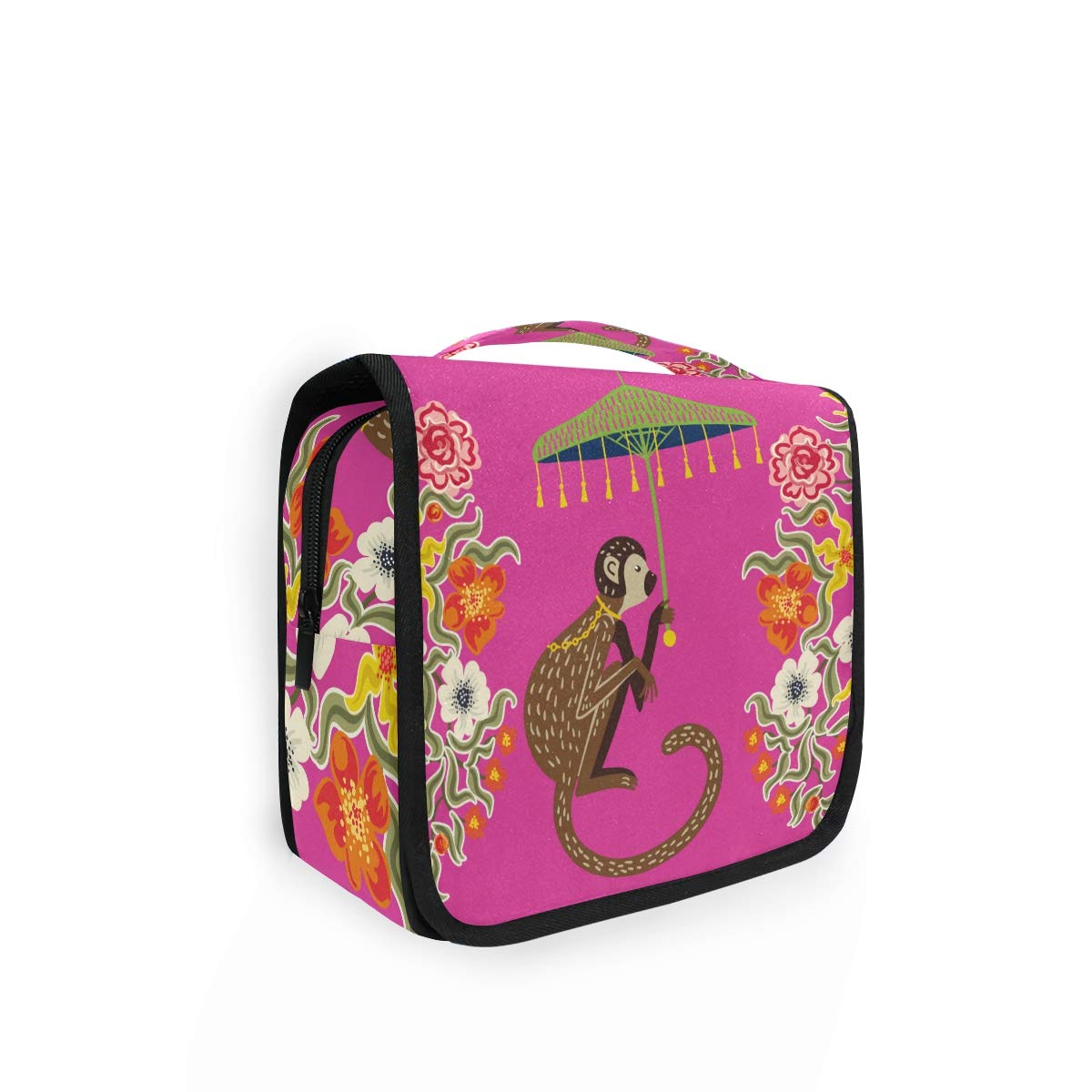 **AUUXVA Retro Chinoiserie Monkey Flower Hanging Toiletry Bag - Waterproof Cosmetic Organizer with Zipper Pockets & Handle - Portable Travel Makeup Bag for Women, Men & Girls - Perfect for Vacations, Gym & Daily Use**