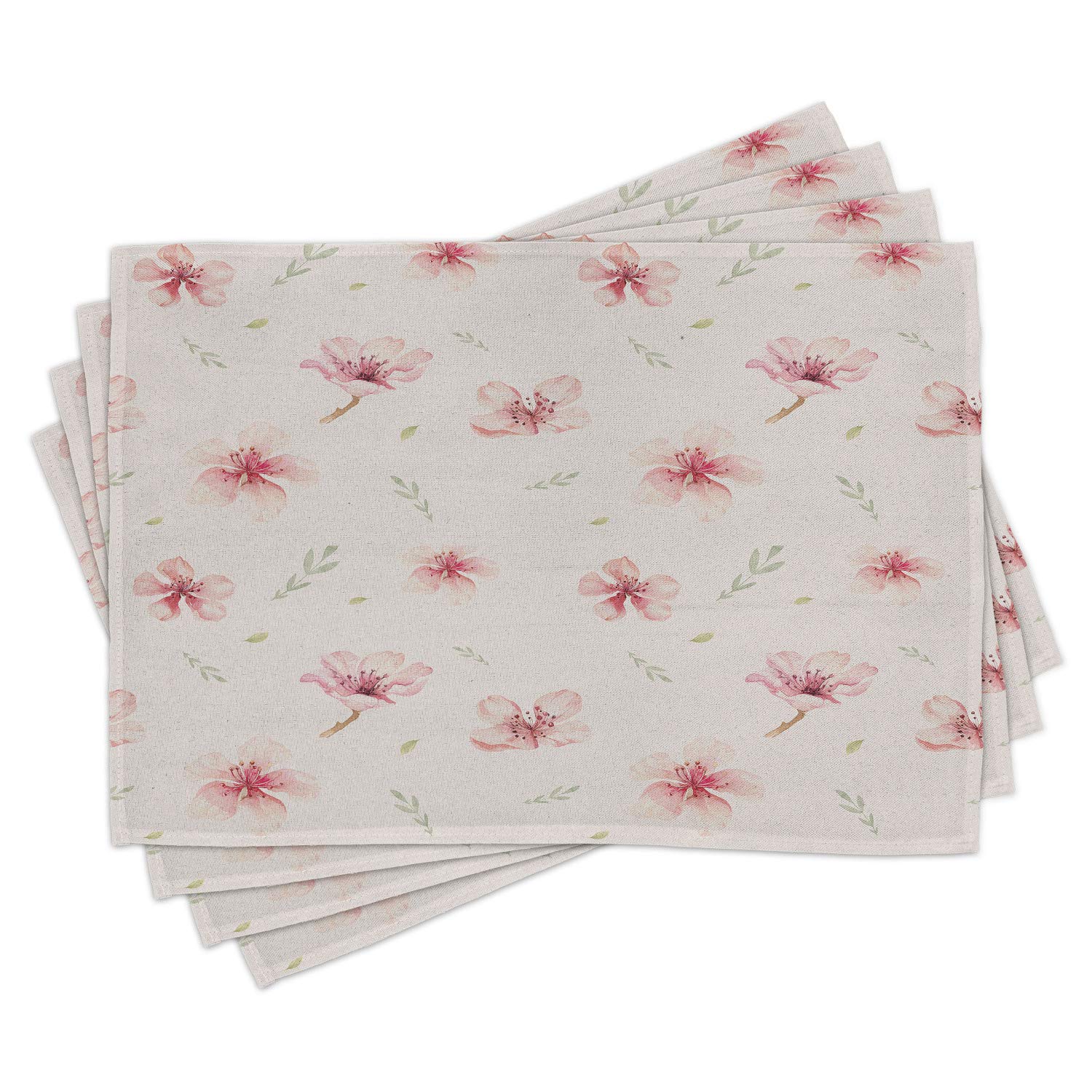 Lunarable Dusty Rose Place Mats Set of 4 - Vintage Cherry Blossom Floral Design, Washable Fabric Table Mats for Dining Room & Kitchen Decor in Dusty Rose & Pale Green | Perfect for Spring Tea Parties, Easter Brunch & Farmhouse Style Home Decor