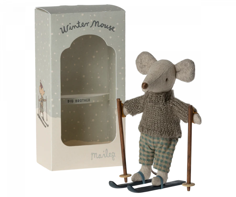 Maileg Winter Mouse with Ski Set - Big Brother Plush Toy for Kids | Perfect for Winter Play, Collectibles & Gift Giving