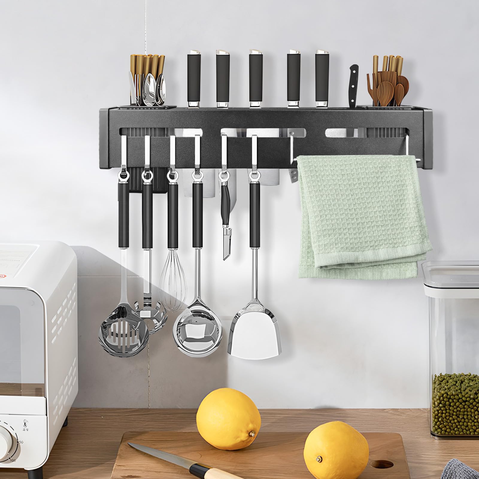 16-Inch Stainless Steel Wall Mount Knife Holder with Hooks - Heavy Duty Adhesive Knife Strip for Kitchen, Knife Storage Block & Organizer for Spoons, Chopsticks (40cm) - Perfect for Small Kitchens, Restaurants & Home Chefs