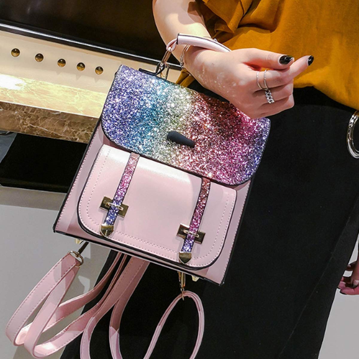 Sparkly Sequin PU Leather Backpack for Women - Stylish Crossbody Purse & Handbag - Perfect for School, Travel, and Everyday Use