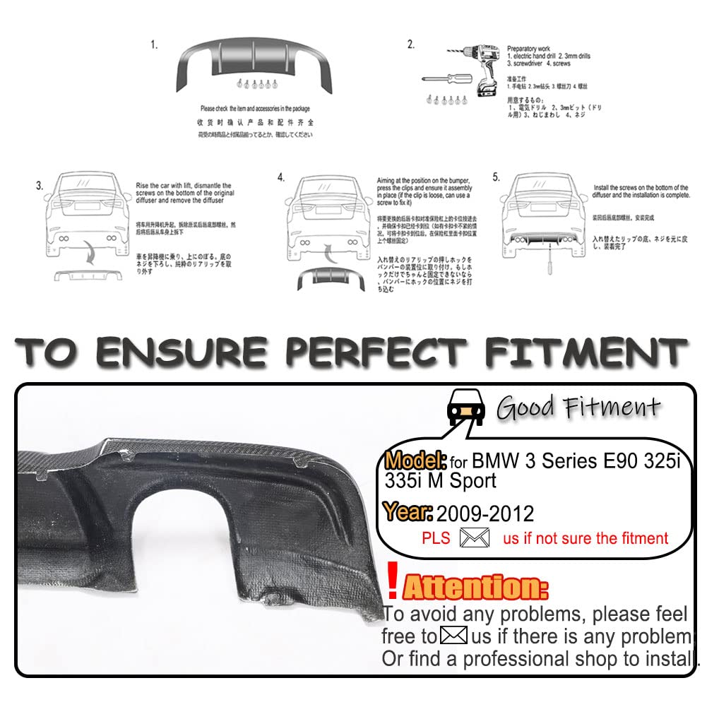 Carbon Fiber Rear Diffuser for BMW 3 Series E90 325i 335i M Sport (2005-2012) - Lower Bumper Lip Spoiler Body Kit - Enhances Aerodynamics & Sporty Look - Perfect for Car Enthusiasts & Performance Upgrades