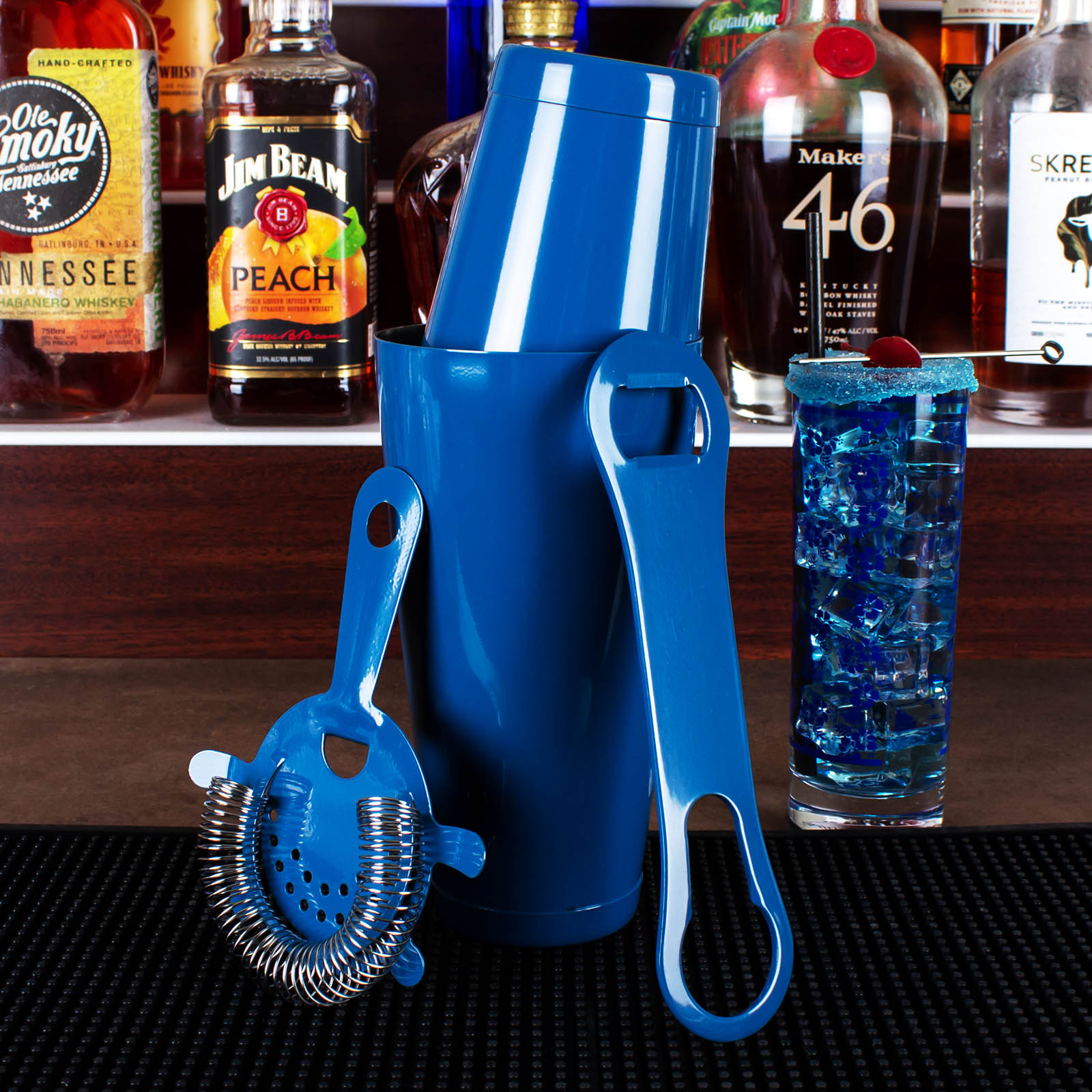 4-Piece Bar Set with V-Rod® - Azure Blue for Home Bar, Kitchen Counter, or Outdoor Entertaining