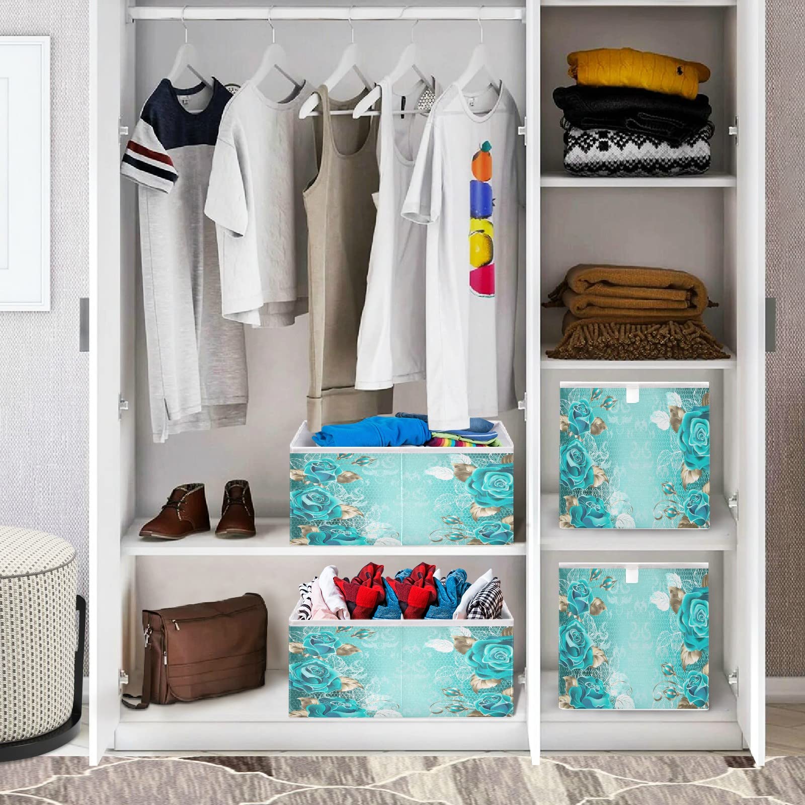 Turquoise Lace Rose Foldable Collapsible Storage Baskets - 16 x 11 Inch Fabric Cube Organizer Bins for Shelves, Pantry, Closet, Nursery & Home Organization | Perfect for Toys, Blankets & Household Items Storage