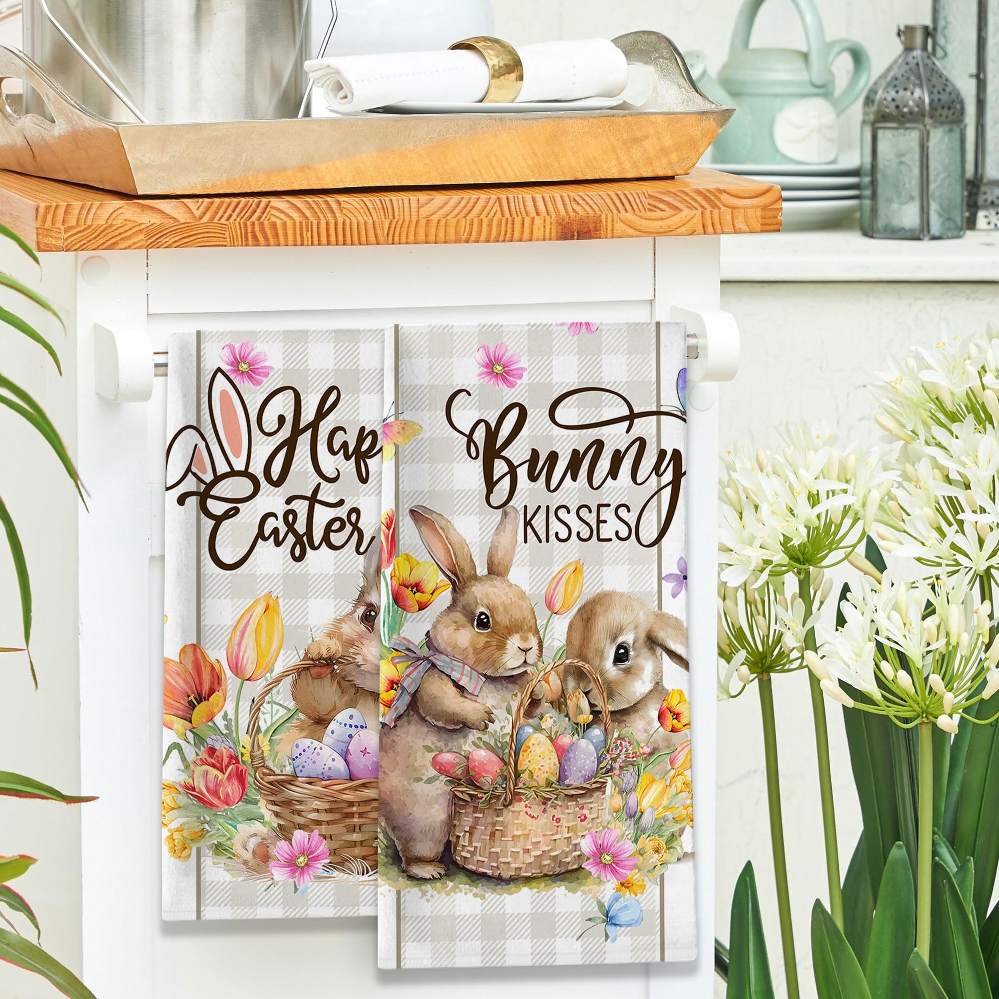 Easter Kitchen Towels Set of 2 - Bunny & Egg Design Farmhouse Dish Towels with Buffalo Plaid Pattern (18x26 Inches) - Spring Home Decor, Seasonal Gifts for Kitchen & Easter Celebrations