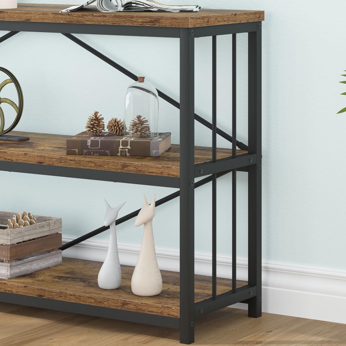 LVB Rustic 3-Tier Entryway Table - Industrial Long Wood Sofa Table Behind Couch - Farmhouse Narrow Console Table with Storage Shelf - Modern Hallway Entry Table for Foyer & Living Room - Rustic Brown (63