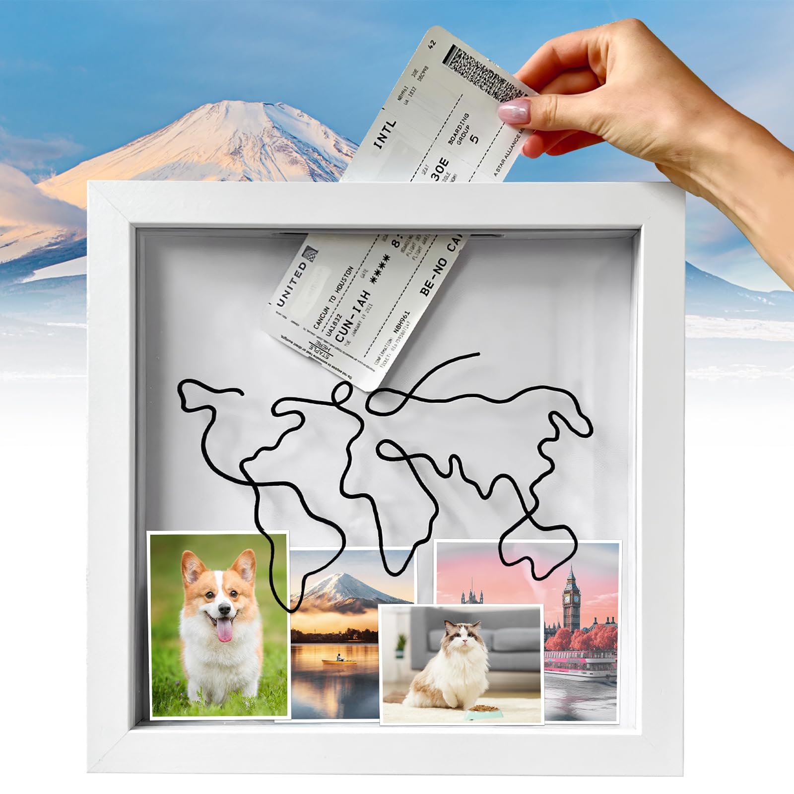 12x12 Inch Travel Adventure Shadow Box - Top Loading Memory Keepsake Box for Tickets, Photos & Mementos - Perfect for Concert Tickets, Travel Souvenirs & Family Memories (Black & White) - Great for Wall Display, Home Decor & Gift Giving
