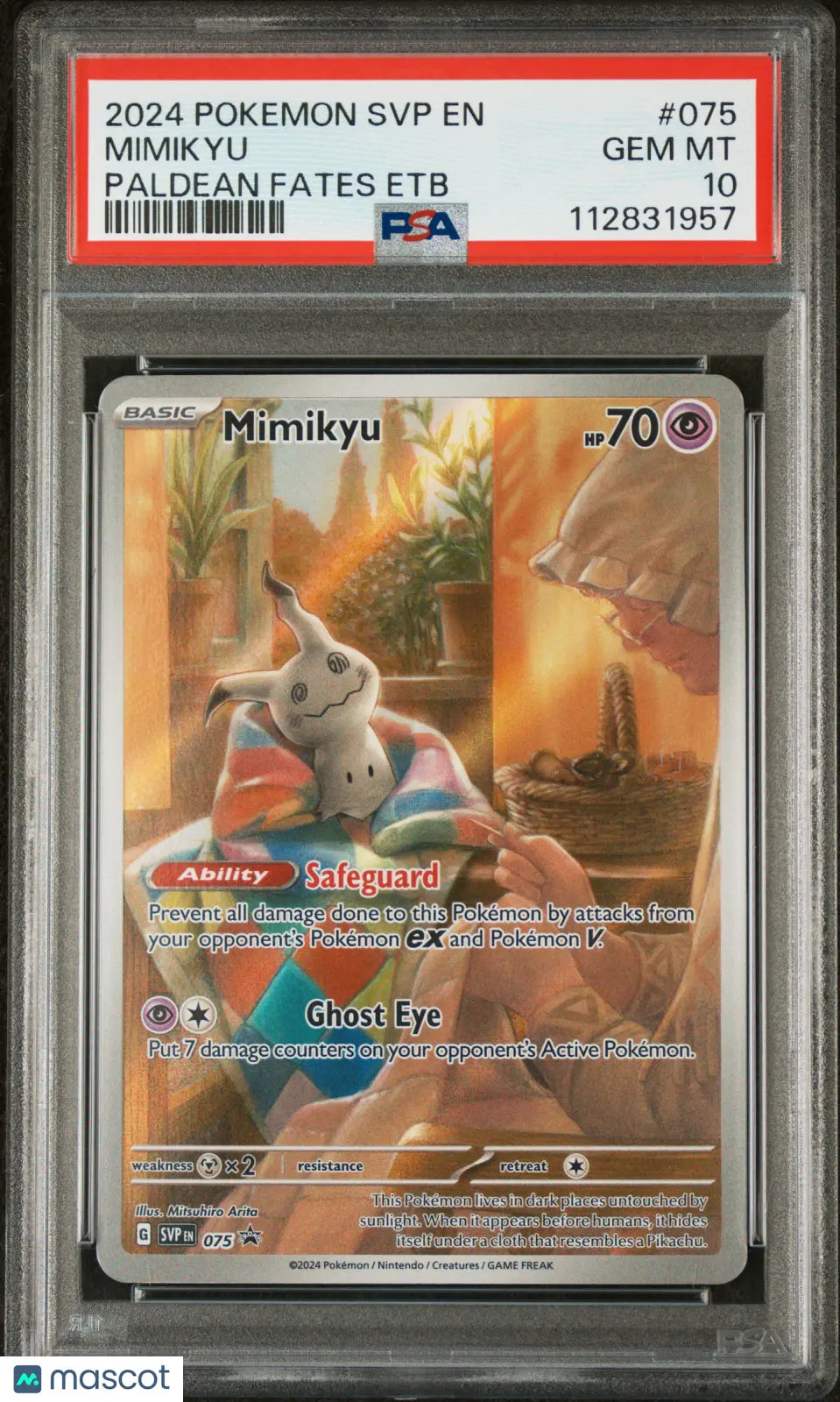 2024 Pokemon SVP EN SV Black Star Promo Mimikyu #075 Paldean Fates Elite Trainer Box PSA 10 Gem Mint - Rare Collectible Card for Trading, Gaming & Display