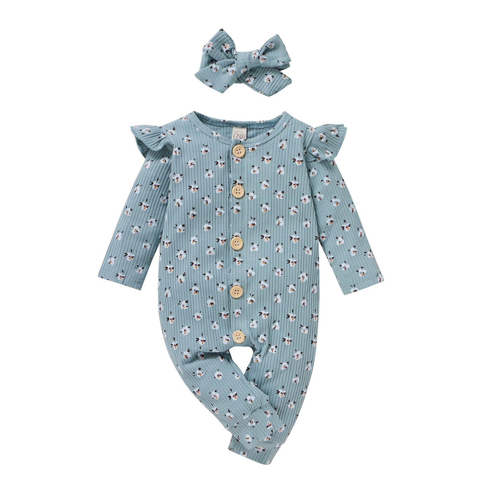 FWAY89 Baby Girls & Boys Floral Print Long Sleeve Romper Jumpsuit with Matching Headband - Soft Cotton Outfit for Newborn Infant Toddler (0-24 Months) - Perfect for Family Photos, Birthday Parties & Daily Playtime